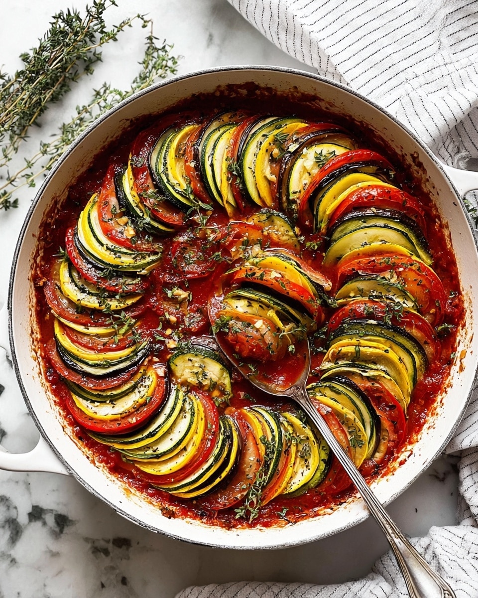 The dish shows a white skillet filled with a colorful spiral of thin yellow squash, green zucchini, red tomatoes, and purple eggplants layered closely and evenly standing up. The vegetables sit on a thick bright red tomato sauce base that reaches the edge of the skillet. The vegetables are topped with sprinkled herbs and small pieces of garlic for texture and green leaf garnishes scattered on top. A silver spoon rests inside the skillet, scooping part of the vegetables and sauce, showing the layered colors and moist texture clearly. The skillet is placed on a surface with a white marbled texture, with some thyme sprigs and a white striped cloth nearby. Photo taken with an iphone --ar 4:5 --v 7