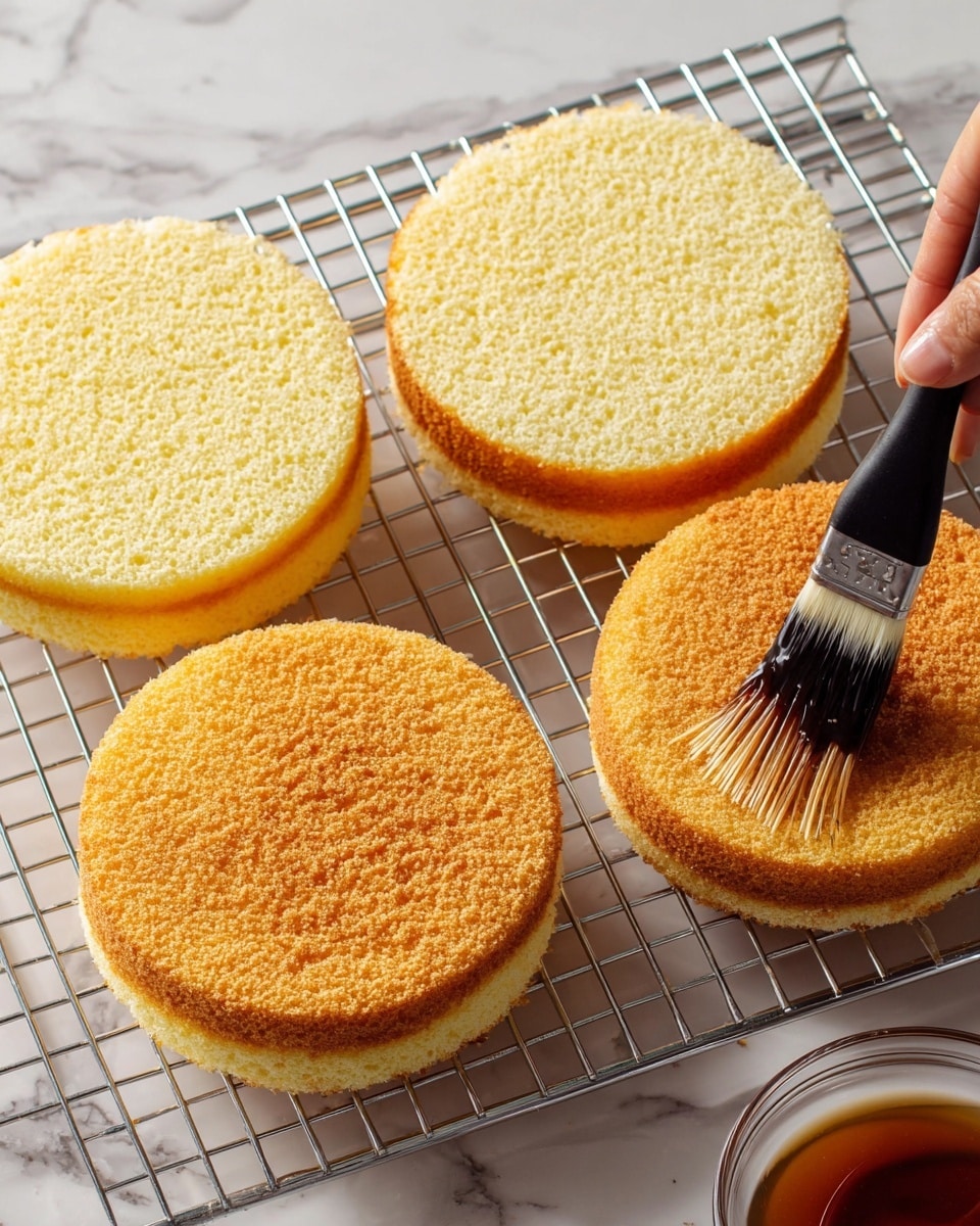 Four round yellow sponge cake layers are placed on a metal cooling rack above a white marbled surface. The two cake layers in the front show a soft and spongy texture on top, with one of them being brushed lightly with brown syrup by a woman's hand holding a black brush with light bristles. The two cake layers in the back show a golden brown crumbly surface. A small clear glass bowl with more brown syrup is partly visible on the right side. Photo taken with an iphone --ar 4:5 --v 7