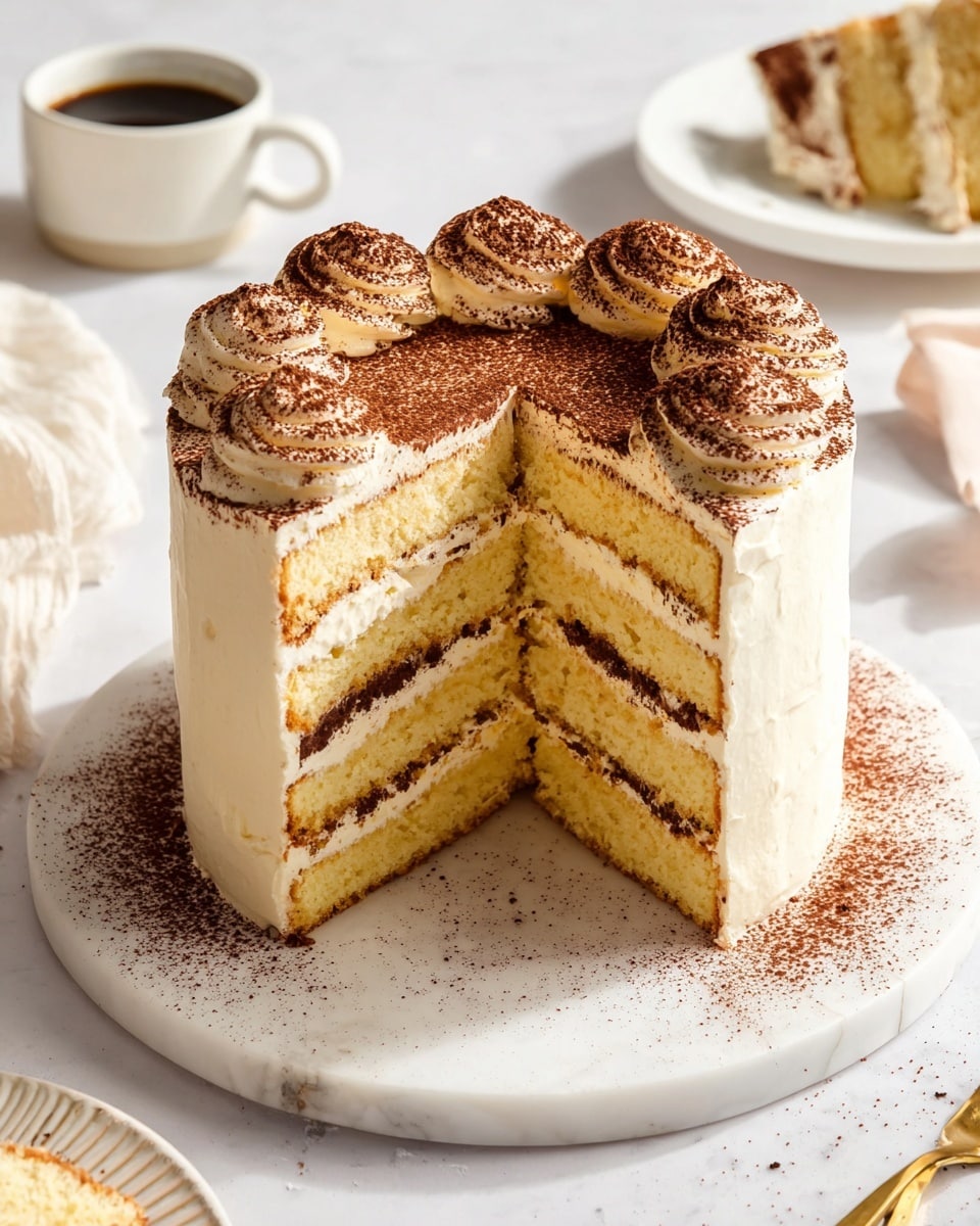 A tall round cake with five layers of light yellow sponge and creamy white filling between each layer is shown on a white marbled round plate. The outside of the cake is covered with smooth white frosting, and the top has dollops of cream sprinkled with a thick layer of brown cocoa powder, giving it a textured look. A large slice is taken out from the front, showing the neat layers inside. Around the base of the cake, cocoa powder is scattered on the plate. The cake is placed on a white marbled surface with soft natural light coming in. In the background, there is a white cup with black coffee and a white plate holding a piece of the cake. photo taken with an iphone --ar 4:5 --v 7