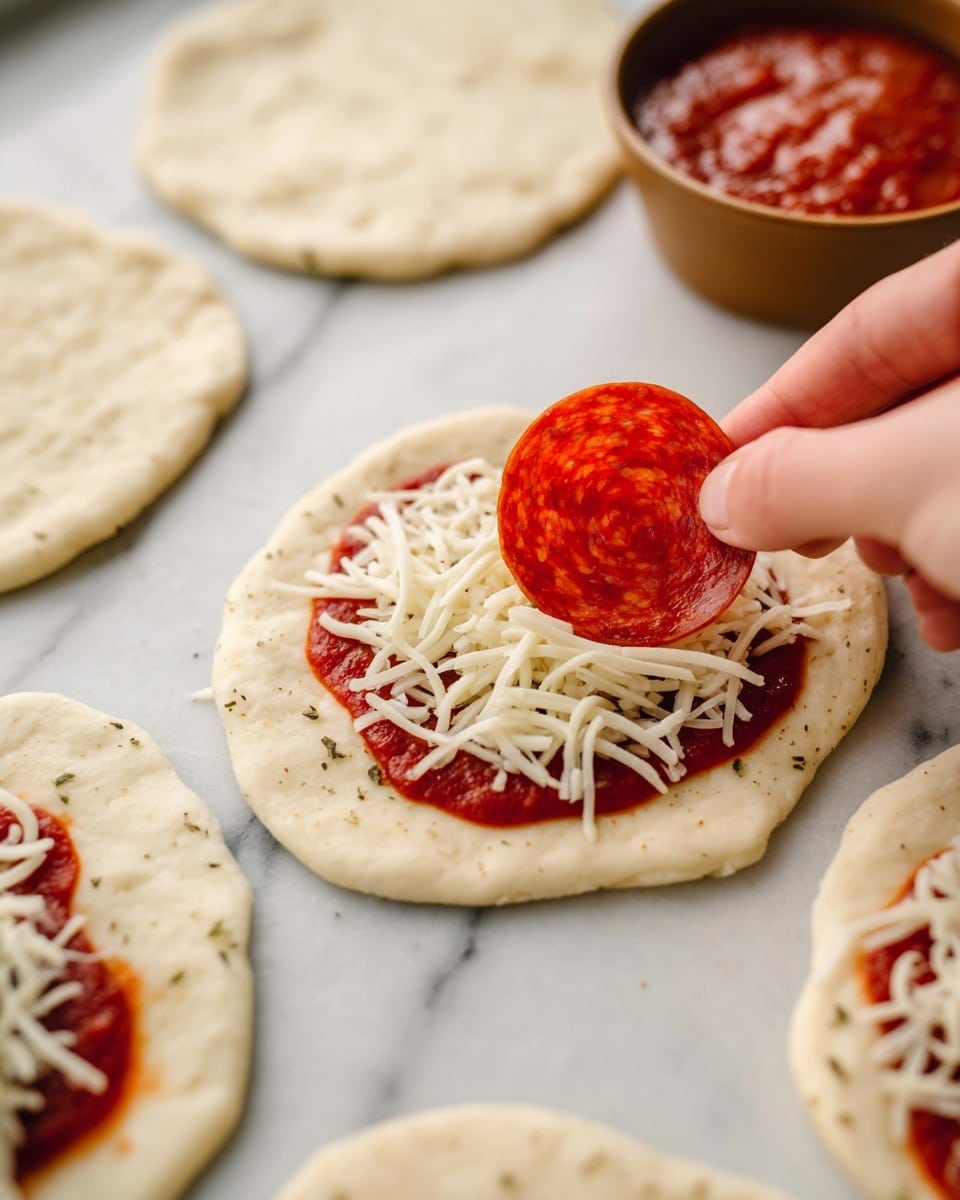 A close-up image shows a small round dough circle as the base layer, with a smooth slightly bumpy texture and light beige color speckled with small herbs. On top of the dough is a layer of bright red tomato sauce spread thinly, followed by a layer of shredded white mozzarella cheese scattered unevenly. A woman's hand places a single round slice of reddish-brown pepperoni with light spots on top of the cheese. The dough pieces are arranged on a white marbled surface, with more dough circles blurred in the background. A small brown bowl filled with red tomato sauce is partly visible in the upper right corner. Photo taken with an iphone --ar 4:5 --v 7