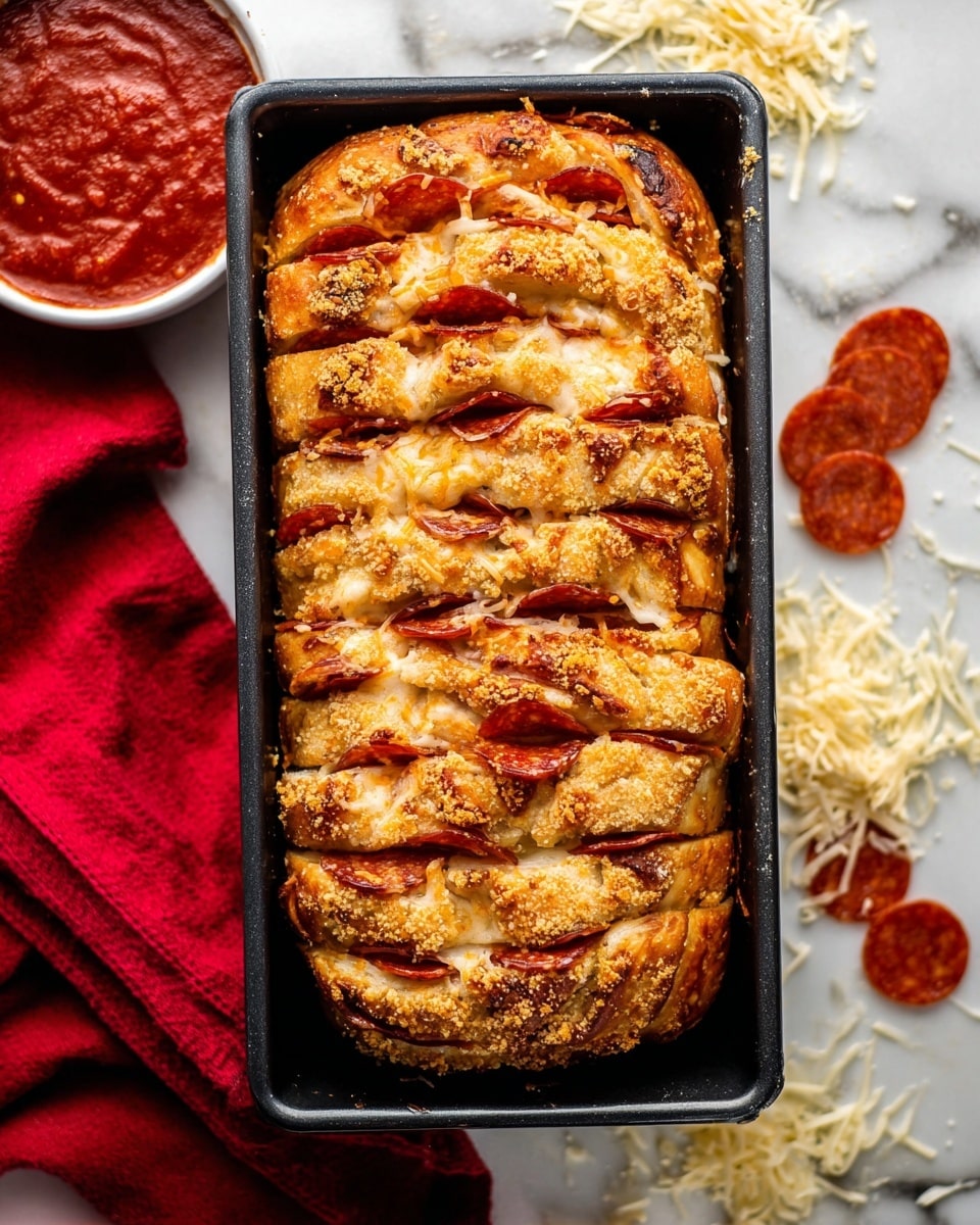 This image shows a cooked pepperoni pull-apart bread inside a black metal loaf pan. The bread has many layers of golden brown dough stacked closely, with visible pepperoni slices and melted cheese tucked between the layers, creating an uneven, textured surface. The top is sprinkled with golden breadcrumbs, adding a slightly crumbly look. Around the pan, on a white marbled surface, there are some scattered shredded cheese pieces, a few pepperoni slices, and a small white bowl filled with red marinara sauce. A red cloth napkin is placed on the left side of the pan. photo taken with an iphone --ar 4:5 --v 7