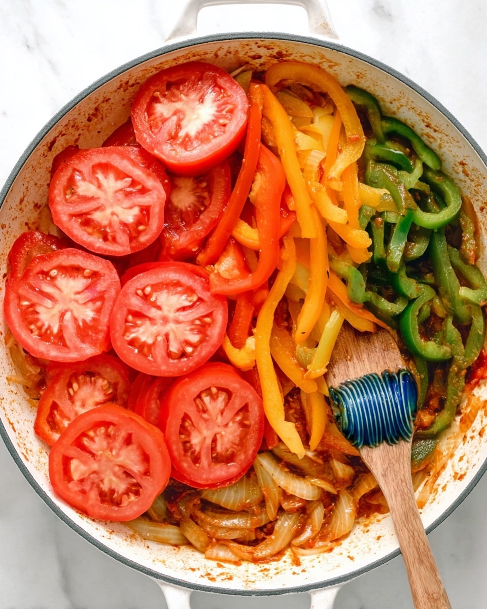 The image shows a white large pan with cooked mixed vegetables inside. At the bottom layer, there are sliced green and red chilies with cooked onions visible, all coated lightly with a reddish sauce. On top of this layer are strips of bell peppers in red, orange, and yellow colors. Over these bell peppers, several slices of fresh, round, red tomatoes are spread evenly, covering most of the top surface. On the right side, a wooden spoon with blue and green spirals is partially stirring the vegetables. The pan rests on a white marbled surface photo taken with an iphone --ar 4:5 --v 7