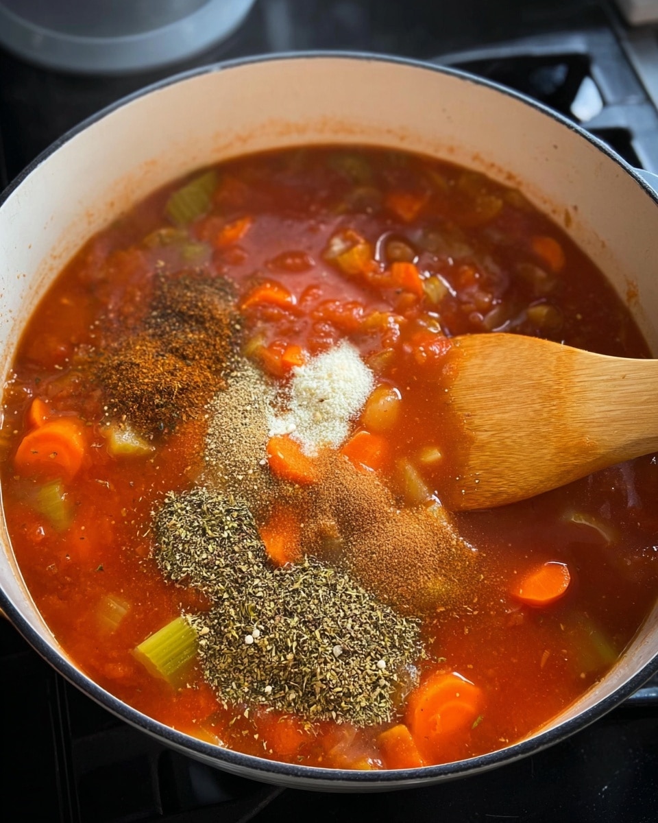 A white pot filled with a vibrant tomato-based soup showing visible chunks of orange carrots and green celery pieces floating in a rich red broth. On the surface, several piles of dried green herbs and light brown spices are spread unevenly, with a wooden spoon stirring from the right side, its smooth light wood texture contrasting with the bright colors of the soup. The pot’s rim is clean and the background features a shiny black stovetop adjacent to the pot. photo taken with an iphone --ar 4:5 --v 7