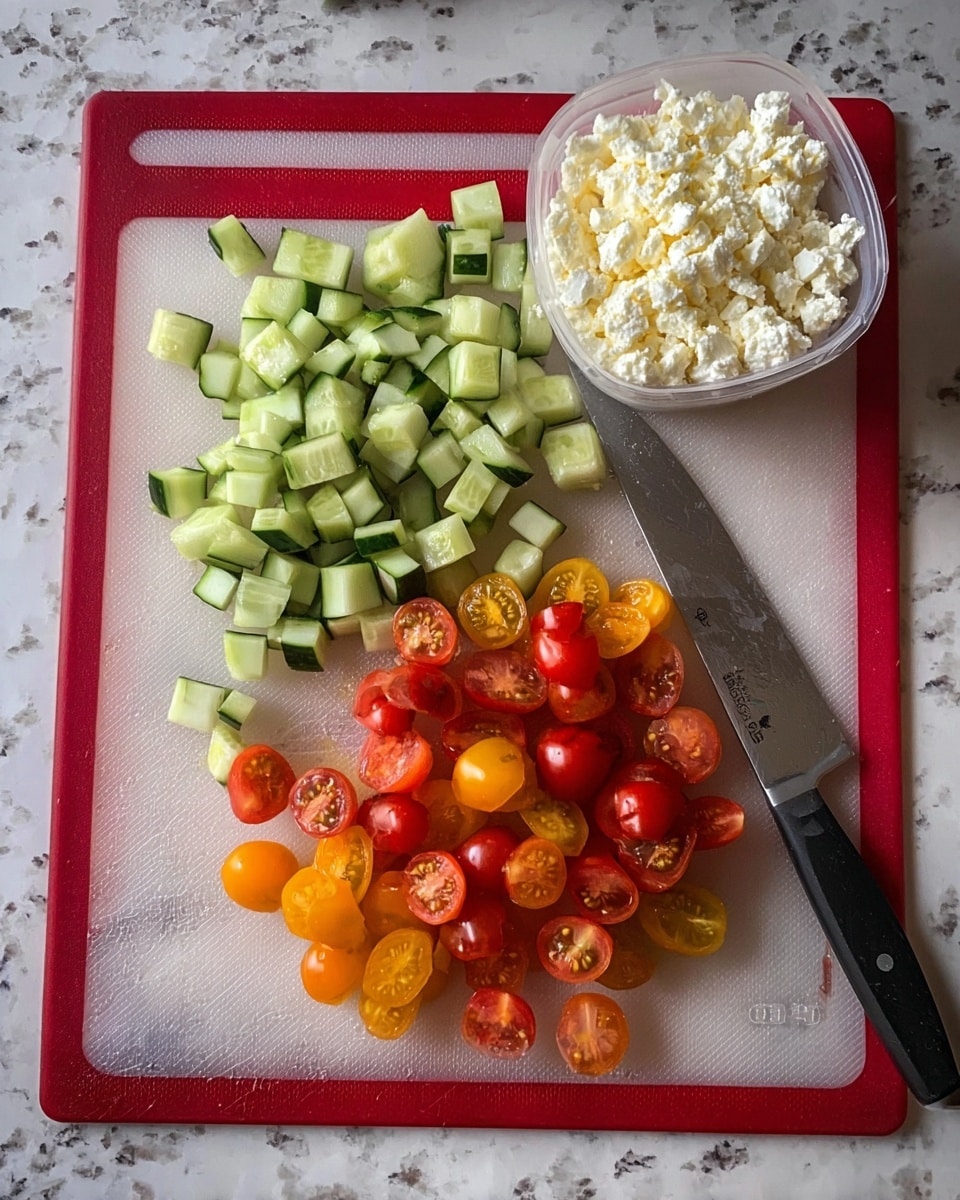The image shows a clear cutting mat with red edges on a white marbled surface. On the mat, there are two groups of chopped vegetables: light green cucumber pieces on the left and a mix of halved grape tomatoes in red, orange, and yellow colors on the right. To the upper right side of the cutting mat, there is a white container filled with soft white crumbled cheese. A silver kitchen knife with a black handle is placed diagonally on the right side of the mat, pointing towards the top. The photo has natural lighting and clear focus on the fresh ingredients, photo taken with an iphone --ar 4:5 --v 7