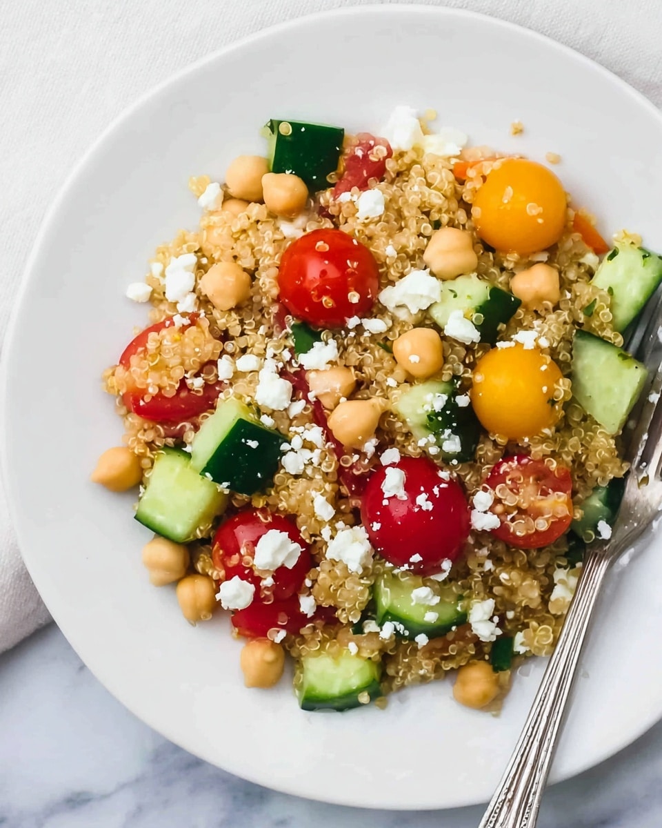 A white plate holds a colorful quinoa salad with three main layers. The bottom layer is light brown quinoa mixed with beige chickpeas. On top, there are bright red and yellow cherry tomatoes along with chunky, fresh green cucumber pieces. Scattered over everything are small white crumbles of cheese. A silver fork is placed on the edge of the plate, all set on a white marbled surface. Photo taken with an iphone --ar 4:5 --v 7