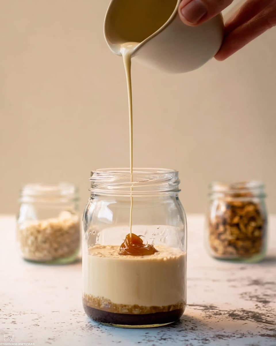A clear glass jar with three visible layers: a thin dark brown layer at the bottom, a thick creamy light beige layer in the middle, and a woman's hand above pouring a thin stream of pale creamy liquid from a light beige cup into the jar, mixing with a small dollop of caramel brown in the middle layer; the jar sits on a surface with a white marbled texture, with two blurred smaller glass jars filled with different granola-like textures in the background on each side; photo taken with an iphone --ar 4:5 --v 7