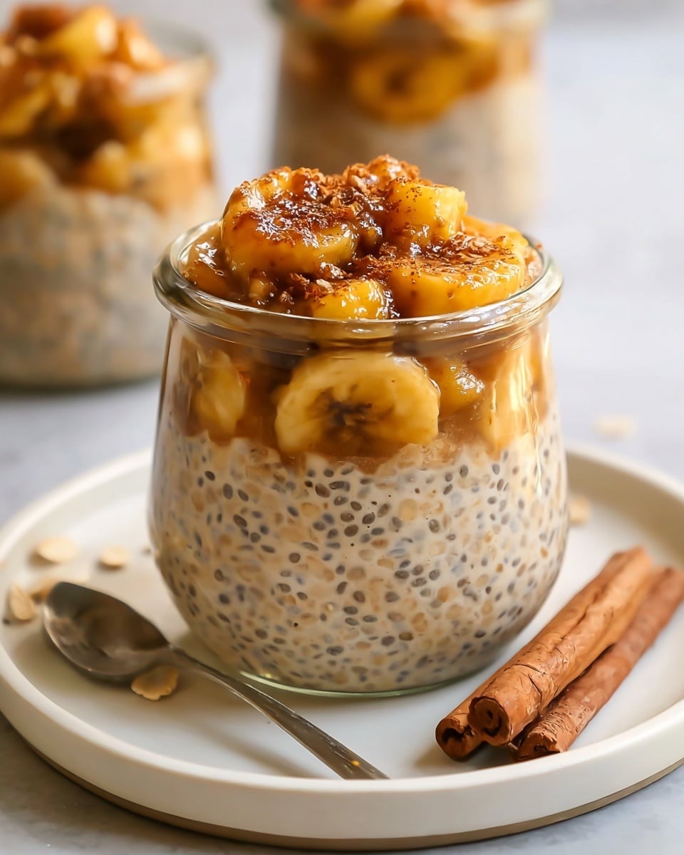 The image shows a clear glass jar filled with three distinct layers. The bottom two layers consist of a creamy mixture with small black chia seeds and some light beige oats, giving a textured and thick look with a light brown color. On top, there is a layer of golden caramelized banana chunks sprinkled with a bit of ground cinnamon. The jar is placed on a white plate with a white marbled surface beneath it, with two small stick-like cinnamon pieces lying next to the jar. The background shows blurred similar jars. photo taken with an iphone --ar 4:5 --v 7