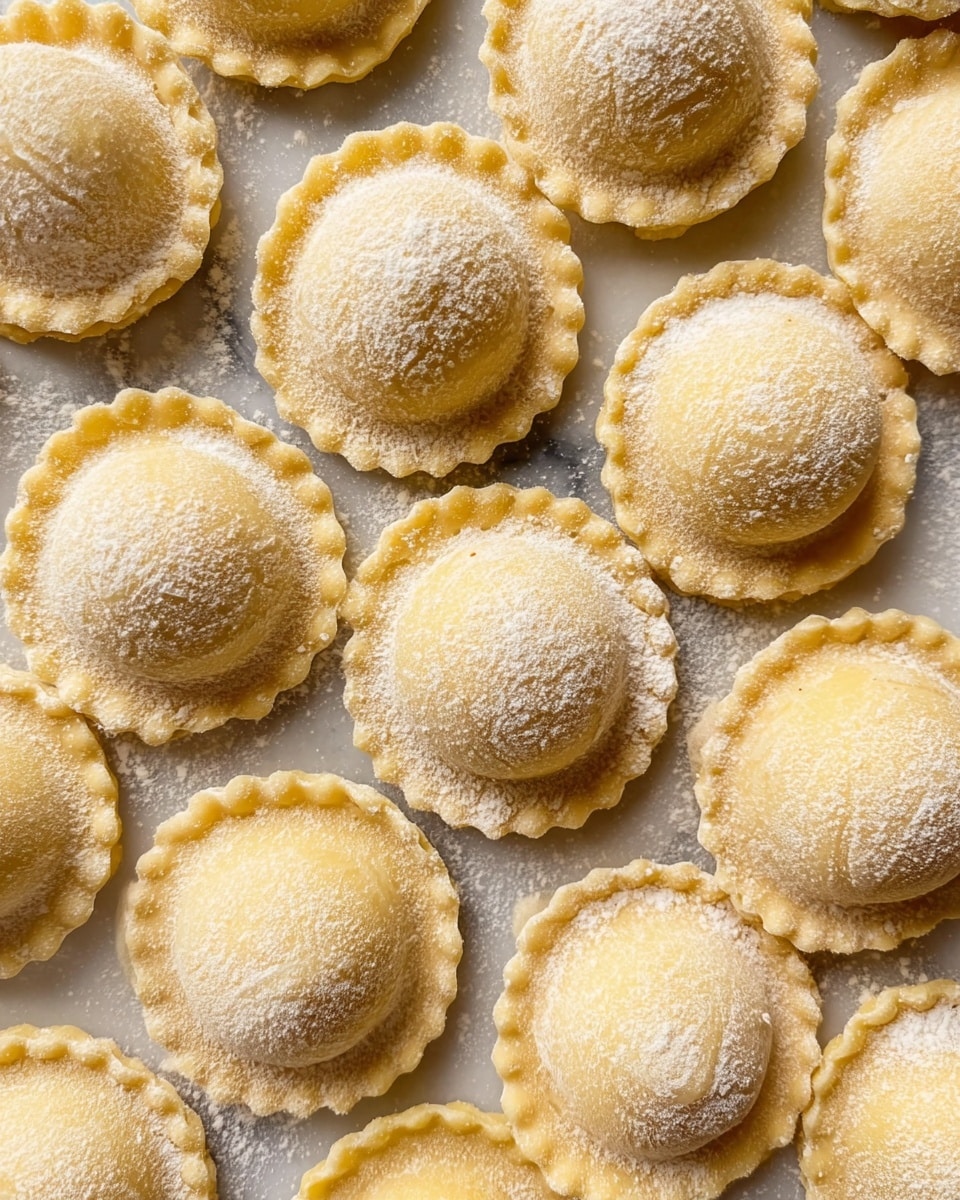 The image shows multiple small, round ravioli pieces arranged closely together on a white marbled surface. Each ravioli has two layers: a smooth, pale yellow dough layer forming a dome shape on top, sealed with a fluted edge around the circular base. The outer dough edges are slightly thicker and textured, while the top layer is dusted evenly with a light coating of fine, white flour, giving a soft powdery appearance. The ravioli pieces are consistent in size and shape, lined up in neat horizontal rows. Photo taken with an iphone --ar 4:5 --v 7
