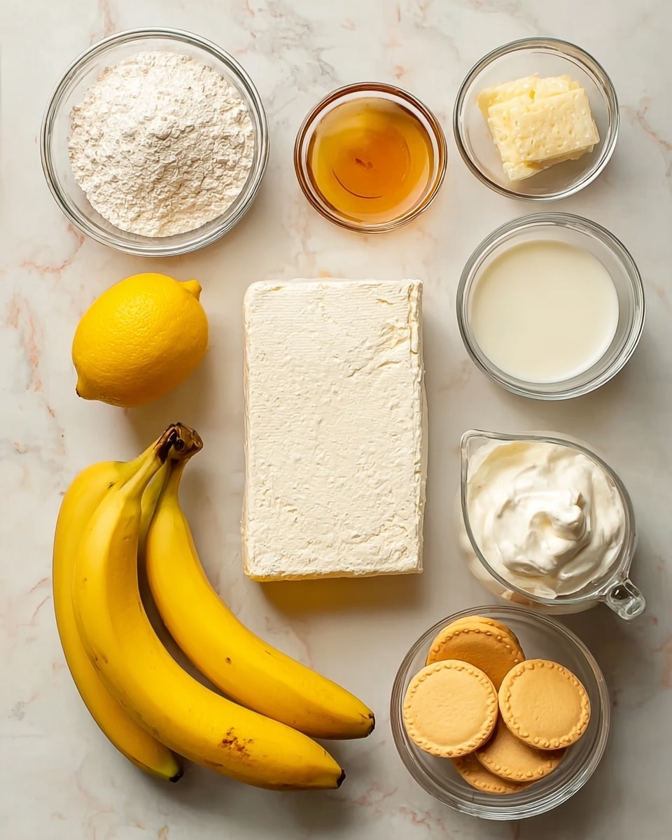 The image shows a top-down view of several ingredients arranged neatly on a white marbled surface. At the bottom left, there are two bright yellow bananas with slight brown spots. Above them is a whole yellow lemon. In the center lies a rectangular block of white cream cheese with a slightly crumbly texture. Surrounding these are clear glass bowls containing white flour on the top left, golden vanilla extract in the top center, light beige sweetened condensed milk on the top right, fluffy white whipped cream on the right middle, white milk in a small white pitcher below the lemon, and golden yellow round vanilla wafer cookies in a glass bowl on the bottom right. The overall setup is clean and well-organized, ready for baking. photo taken with an iphone --ar 4:5 --v 7
