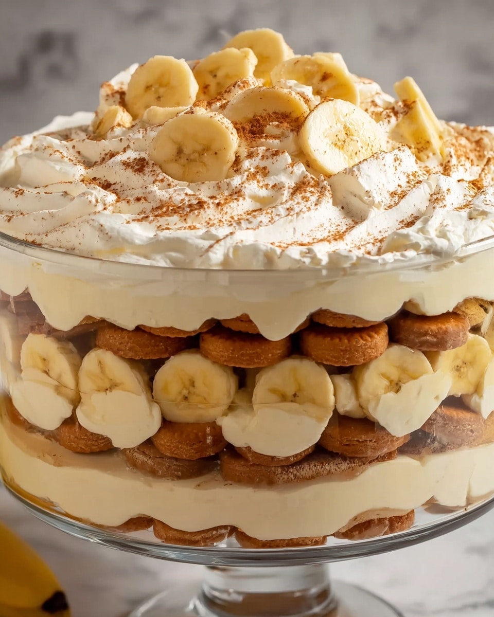 The dessert is shown in a clear glass bowl with five visible layers. The bottom layer is made of round, brown cookies. Above that is a thick creamy layer in off-white color. Sliced bananas line the outer edge over this cream. The next layer has more brown cookies visible beneath another thick off-white cream. Another row of banana slices sits on this cream. The top layer is smooth white whipped cream with cinnamon sprinkled on it and is garnished with banana slices. The bowl sits on a white marbled surface. Photo taken with an iphone --ar 4:5 --v 7