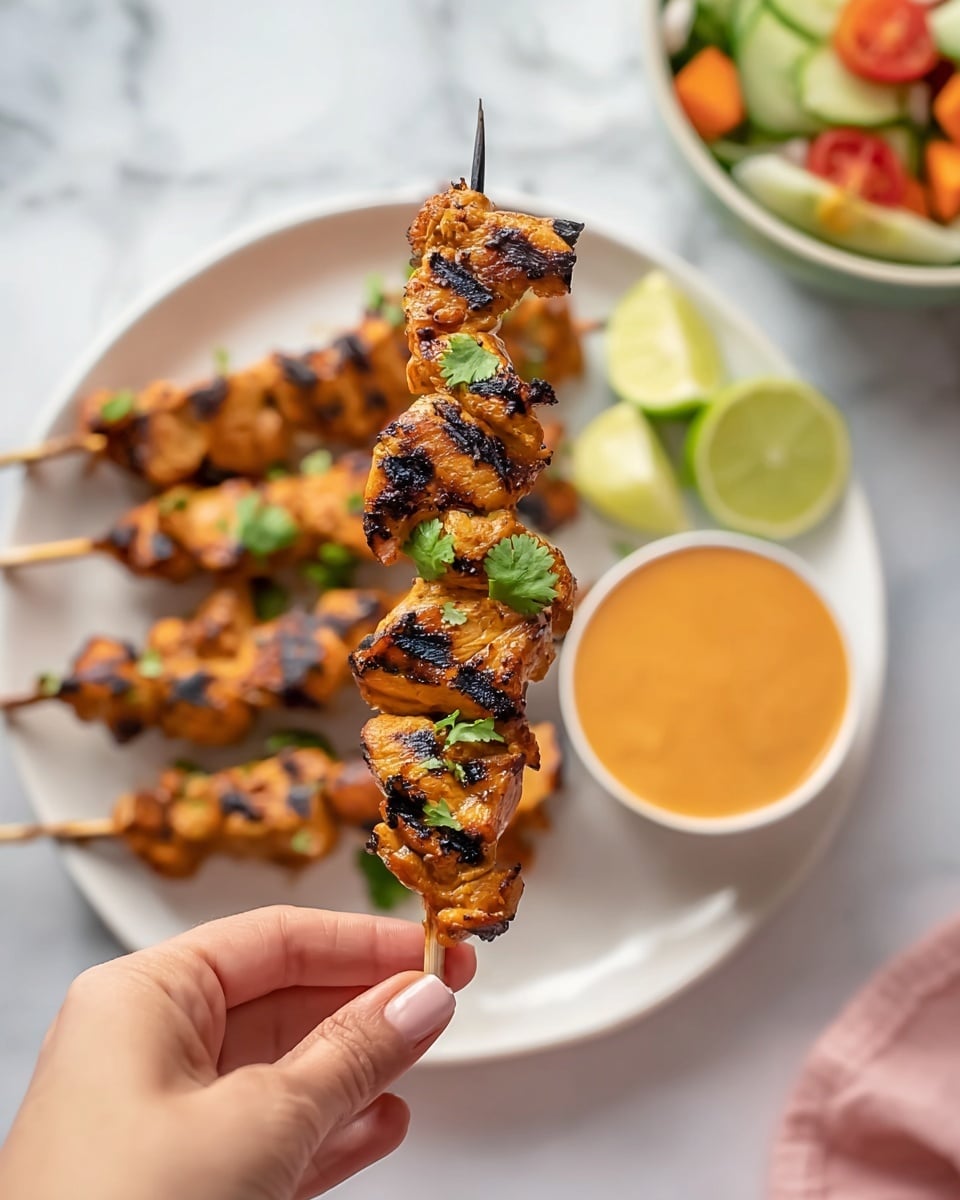 A woman's hand holds a skewer of grilled chicken pieces with golden-brown color and black grill marks, garnished with small green cilantro leaves. The skewer has about six chunky pieces of chicken stacked vertically. In the background, there is a white plate with more skewers of similarly grilled chicken arranged in a circular pattern. Also on the plate, below the skewers, is a small bowl of creamy orange sauce and some lime wedges. The scene is set on a white marbled surface with a blurred bowl of salad containing sliced cucumbers, tomatoes, and carrots in the top right corner. photo taken with an iphone --ar 4:5 --v 7