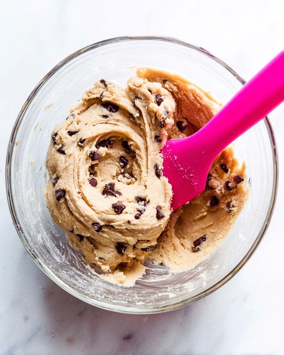 A clear glass mixing bowl is filled with light brown cookie dough that has small dark chocolate pieces mixed evenly throughout. A bright pink spatula is partially stuck into the dough on the right side, with smooth swirls and soft peaks showing the dough’s texture. The bowl is placed on a white marbled surface, and the photo is taken from above, capturing the round shape of the bowl and the creamy texture of the dough inside. photo taken with an iphone --ar 4:5 --v 7