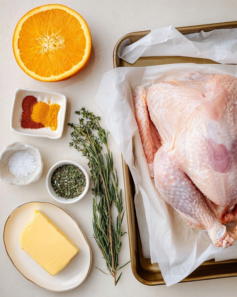 The image shows a tray with raw turkey on the right side, resting on white parchment paper inside a baking pan. To the left of the tray, there is a half of a bright orange orange with a white marbled background beneath. Above the orange are three small square and round white dishes filled with different seasonings: a reddish-brown powder, orange zest, and green herbs. Below these, there is a small white bowl with coarse salt and a small dish with black pepper. At the bottom left, a white oval plate holds a chunk of yellow butter. A sprig of fresh green rosemary is placed along the left edge of the image. photo taken with an iphone --ar 4:5 --v 7