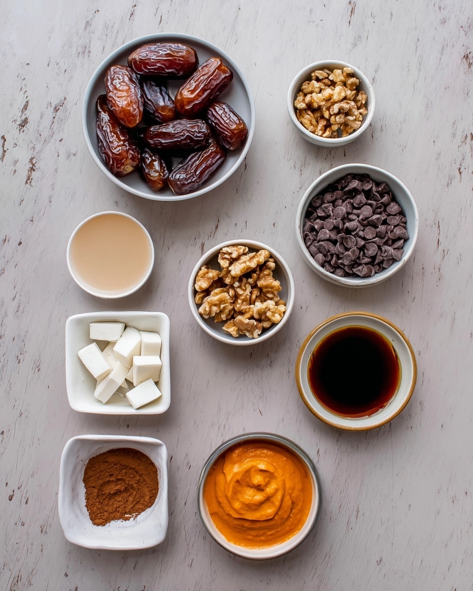A top-down shot shows seven small bowls and three dates on a white marbled surface. There is a round white bowl filled with shiny brown dates near the center. To the upper right is a round white bowl full of dark chocolate chips. Above that is a small round bowl with golden brown walnuts. To the upper left is a tiny round bowl with a light beige liquid. Below that is a small square white bowl with white solid chunks that look like coconut oil. Below the dates is a small round white bowl filled with brown powder, likely cinnamon. To the lower right of the cinnamon is a small round bowl with bright orange smooth puree. Finally, a small round bowl on the far right has a dark brown liquid, likely vanilla extract. The arrangement is neat and spaced out. photo taken with an iphone --ar 4:5 --v 7