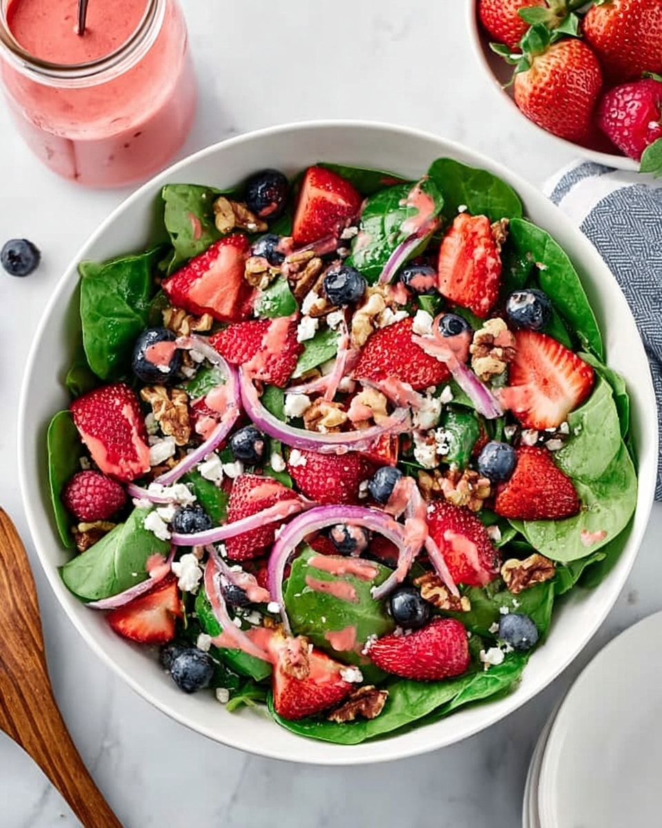 A white bowl filled with fresh green spinach leaves forms the base layer, topped with bright red strawberry slices, deep red raspberries, and dark blue blueberries scattered evenly across. Thin slices of purple-red onion are spread throughout, adding a slight contrast. Small chunks of white cheese and pieces of brown walnuts are placed on top. The entire salad is drizzled with a pinkish-red dressing. The bowl sits on a white marbled surface with a glass jar of the pink dressing and a white spoon nearby, along with a white plate on the side. Photo taken with an iphone --ar 4:5 --v 7