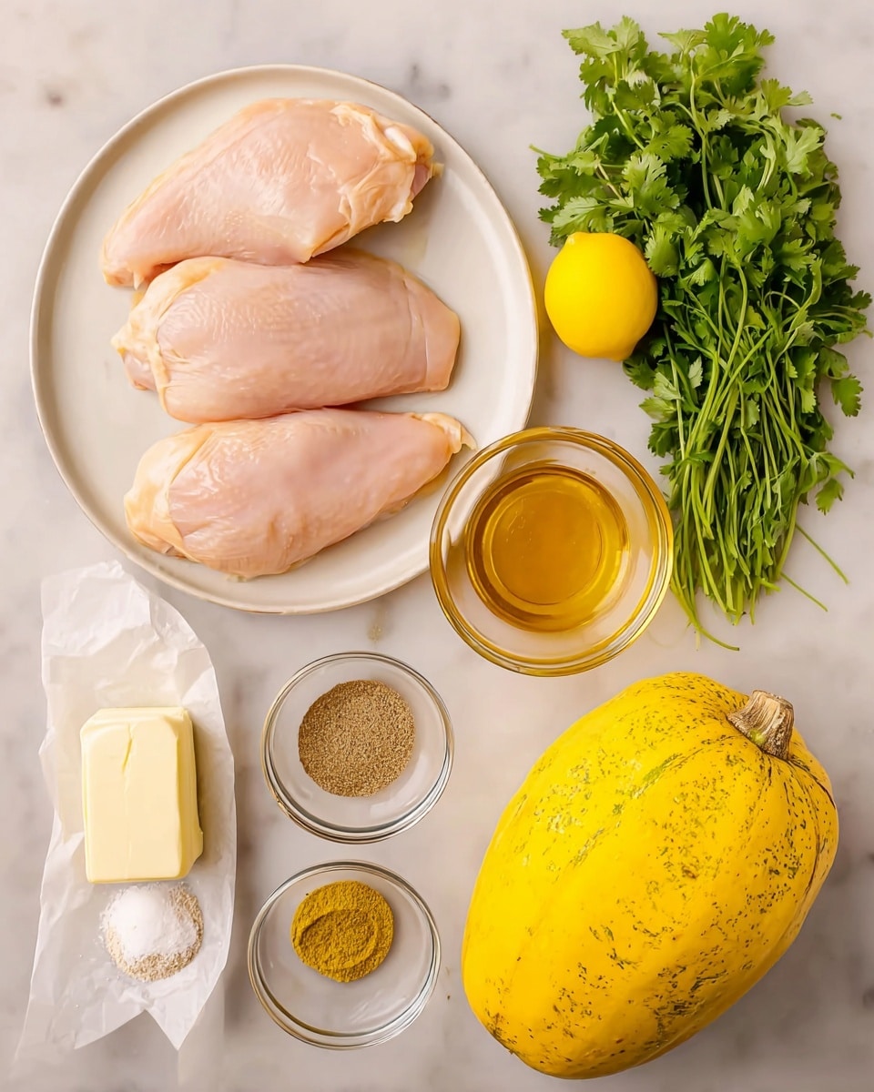 A white plate holds four raw chicken pieces layered neatly, with each piece pale pink and smooth. To the right of the plate, there is a bunch of fresh green cilantro and a bright yellow lemon beside it on the white marbled surface. Below the lemon, a clear glass cup filled with golden honey sits clearly visible. A full stick of butter with white wrapping lies near the bottom-left corner, next to a small glass bowl of yellow mustard. Next to the mustard, two small glass bowls contain ground spices: one with a mix of light brown powder and white salt, the other with darker yellow curry powder. On the bottom right corner, a large, round yellow spaghetti squash with few brown spots rests on the white marbled texture. photo taken with an iphone --ar 4:5 --v 7