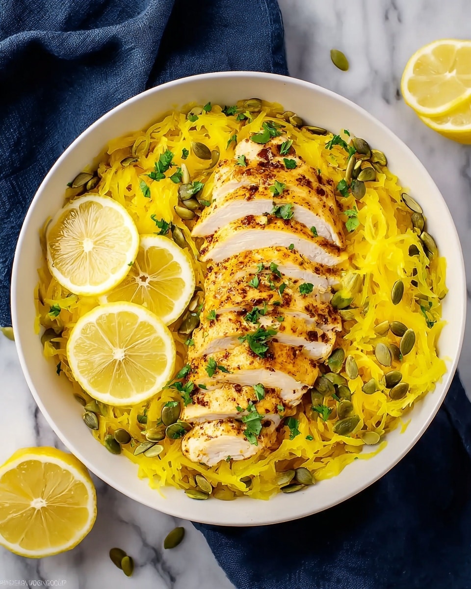 A white bowl filled with a bed of bright yellow shredded squash, topped with slices of cooked chicken arranged in a neat line down the center. The chicken has a golden spice coating and is garnished with small green herbs and scattered light green pumpkin seeds. Two lemon slices are placed at the bottom left edge of the chicken for decoration. The bowl sits on a white marbled surface with a dark blue cloth beside it and additional lemon wedges off to the side. Photo taken with an iphone --ar 4:5 --v 7