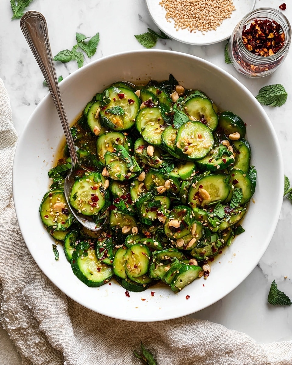 A white bowl filled with many round, slightly bent cucumber pieces that are bright green with a light watery texture in the middle. The cucumbers are mixed with small green herb leaves spread all over and sprinkled with light brown sesame seeds. There is a thin layer of reddish oil and sauce coating the cucumbers, with small bits of darker red chili flakes. The whole dish looks fresh, slightly wet, and spicy, sitting on a white marbled surface. Photo taken with an iphone --ar 4:5 --v 7