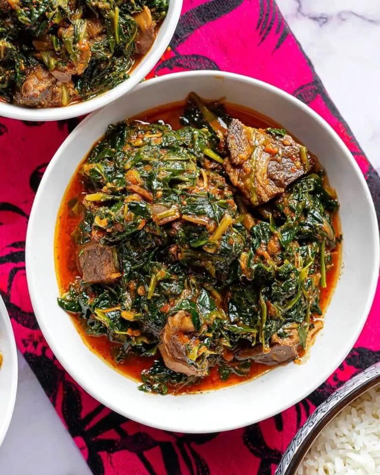 Nigerian Spinach Stew (Efo Riro) with Goat Meat and Mushrooms Recipe
