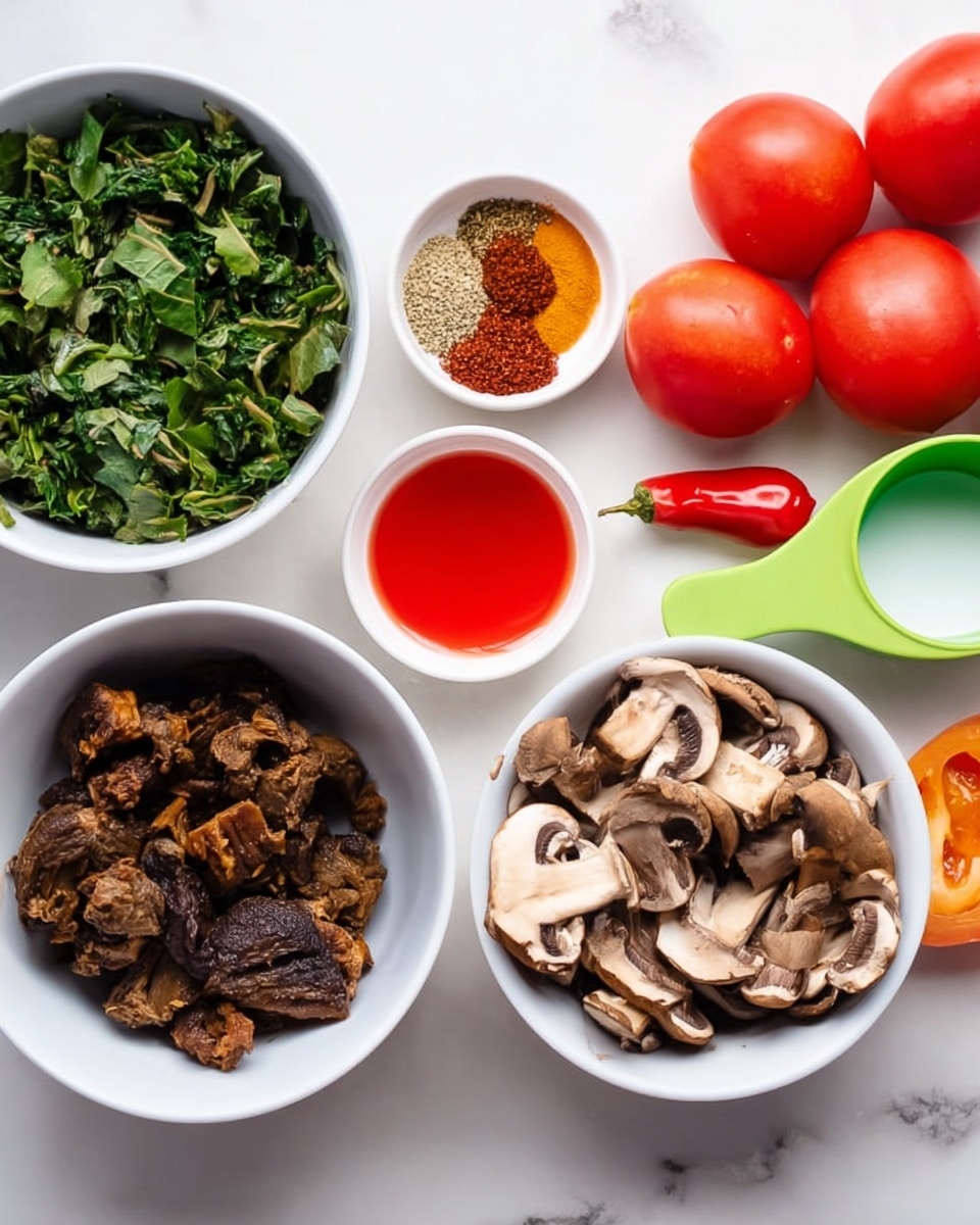 The image shows several white bowls placed on a white marbled surface. One bowl is filled with chopped green leafy herbs, another smaller bowl has mixed brown and red spices, while a third bowl contains cooked dark brown pieces of meat. The last white bowl holds sliced cooked mushrooms with a brown and beige color. Nearby, there is a white marbled surface with three red tomatoes and a small green measuring cup filled with red liquid. A small orange chili is also visible next to the measuring cup. photo taken with an iphone --ar 4:5 --v 7