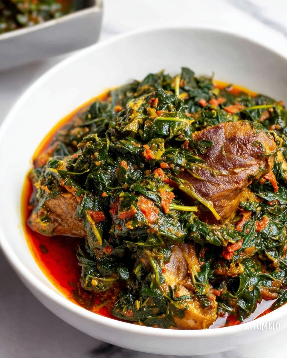 The dish is served in a white bowl filled with a mix that looks like three main layers: the bottom has a red, oily sauce with a shiny texture, on top of this sits dark green cooked leafy vegetables mixed heavily with small pieces of red and orange ingredients evenly spread, and the top layer shows meaty brown pieces covered by some of the green leaves and sauce, giving a rich, thick look. The colors are mainly dark green, brown, and red with a glossy finish. The bowl is placed on a white marbled surface. photo taken with an iphone --ar 4:5 --v 7