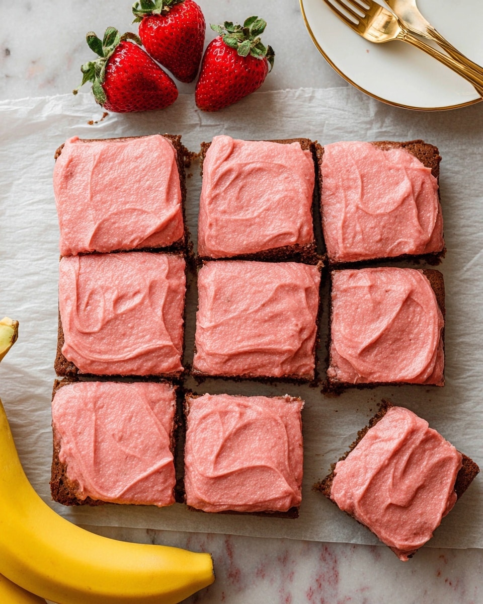This image shows a tray of square cake pieces arranged in three rows and five columns, with a few pieces slightly pulled apart on the right side. The cake base is brown and looks moist, topped with one thick, smooth layer of pink frosting that has a swirled, creamy texture. The tray is placed on white marbled paper. Above the cake, on the white marbled surface, three fresh red strawberries with green tops are visible, and a yellow banana sits at the bottom edge. A white plate is partly seen in the top right corner with a gold fork nearby. Photo taken with an iphone --ar 4:5 --v 7