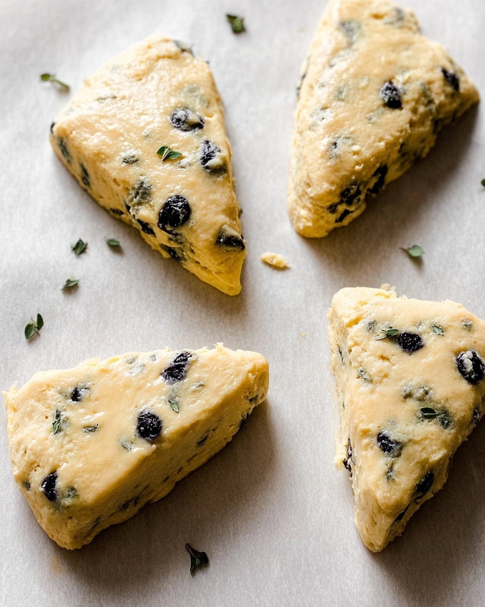 Four raw triangular scones on white parchment paper, each piece showing a pale yellow dough with small black blueberries and green herb bits mixed throughout. The dough looks soft and slightly rough in texture with some shine on top, edges unevenly rounded. There are small green herb leaves scattered lightly on the parchment near the scones. The photo is bright with natural light highlighting the dough's texture and color. Photo taken with an iphone --ar 4:5 --v 7
