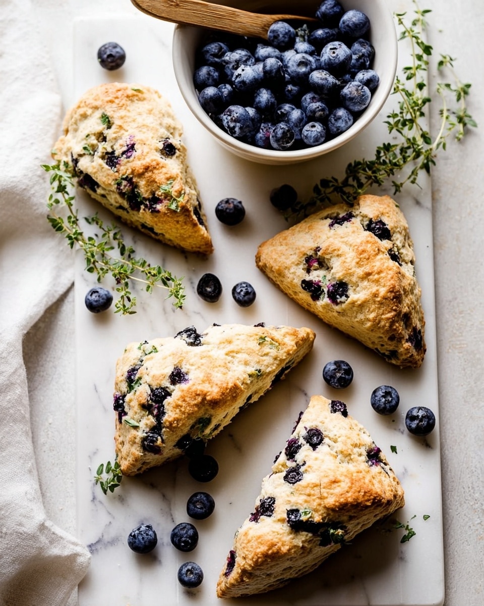 The image shows four triangular scones packed with dark blueberries scattered inside the light golden crust. They rest on a white marbled board with a sprig of fresh green herbs beside them. Around the scones, loose blueberries and delicate herb sprigs are spread on the white marbled surface. In the upper part of the image, a white bowl filled with fresh blueberries is placed, with a wooden spoon inside the bowl. The light is soft, making the scones look warm and fresh. photo taken with an iphone --ar 4:5 --v 7