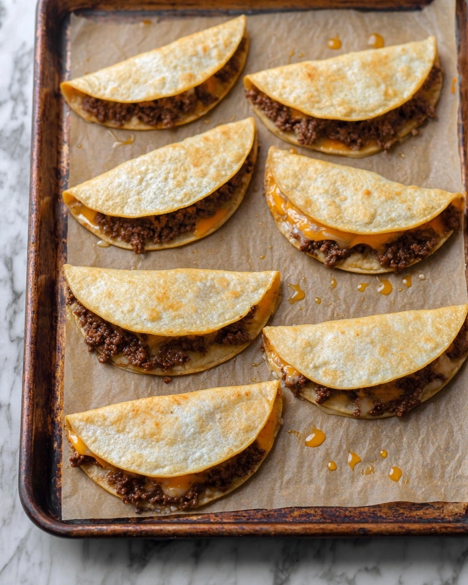 The image shows several small tacos arranged on a baking tray lined with light brown parchment paper. Each taco has two layers: the bottom layer is dark brown cooked ground meat mixed with melted cheese, showing a slightly rough texture, while the top layer is a folded, soft, pale golden-brown tortilla with a few air bubbles. The tacos are spaced evenly on the tray, and tiny drops of orange oil can be seen on the parchment paper around them. The visible edges of the tray are dark and slightly worn, and the surface beneath has a white marbled texture. photo taken with an iphone --ar 4:5 --v 7