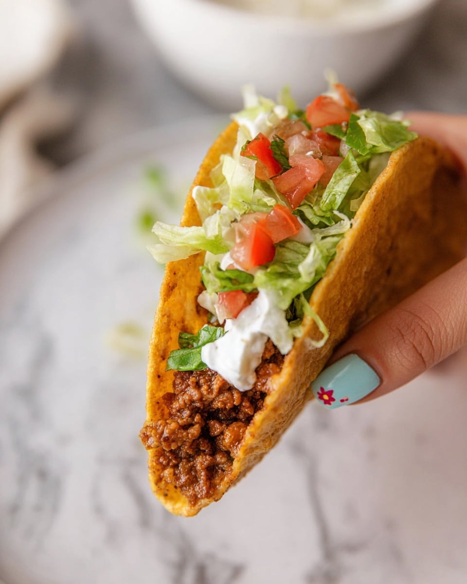 A close-up shows a taco held by a woman's hand with light blue nail polish decorated with small red flowers. The taco has a crispy golden-brown shell as the outer layer. Inside, there is a layer of green leafy lettuce, topped with bright red diced tomatoes, then a rich brown crumbly ground meat layer, and a dollop of white creamy sauce peeping out from one side. The background is a white marbled texture, with a blurred white plate and a bowl faintly visible. photo taken with an iphone --ar 4:5 --v 7