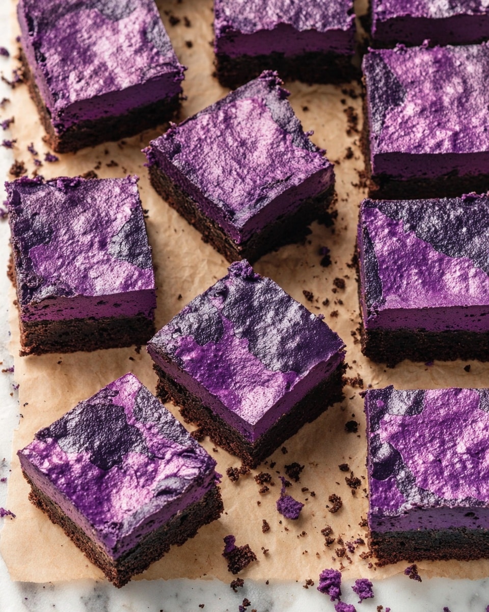 The image shows multiple square purple brownies arranged on a light brown parchment paper, which is placed on a white marbled surface. Each brownie has one layer with a slightly cracked shiny purple top, giving a textured look, and a dense, darker purple base beneath. Some brownies appear thicker than others, showing the bottom layer as smooth and moist. There are small crumbs scattered around the brownies, adding to the casual presentation. Photo taken with an iphone --ar 4:5 --v 7