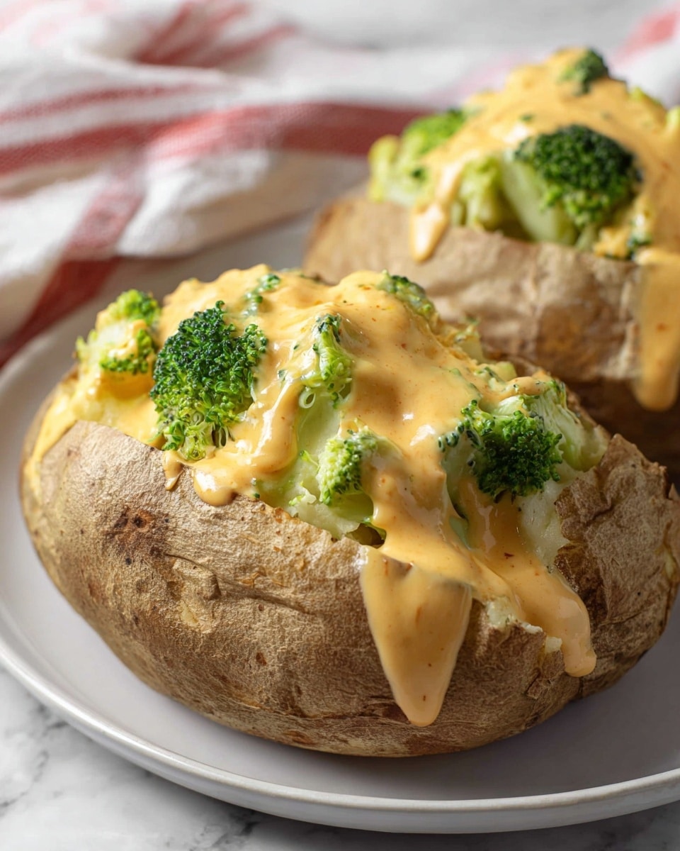 A close-up image of two baked potatoes with rough, golden-brown skins, each sliced open and filled with bright green broccoli pieces covered in a smooth, creamy light orange cheese sauce that slightly drips down the sides. The potatoes sit on a clean, white plate placed on a white marbled surface, and a soft cloth with red and white stripes is seen blurred in the background. The texture of the cheese sauce looks thick but smooth, evenly coating the broccoli chunks. photo taken with an iphone --ar 4:5 --v 7