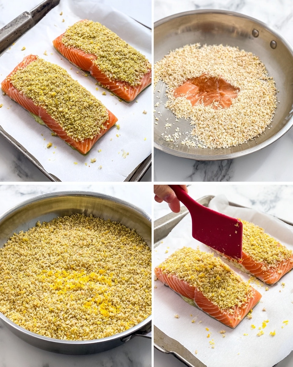The image shows four steps of preparing salmon with a crust. In the first step, four thick salmon pieces are placed on white parchment paper over a white marbled surface, each with a smooth, light green sauce layer spread evenly on top. In the second step, a silver pan holds pale, toasted breadcrumbs with a light brown spot in the center. The third step shows the same breadcrumbs in the pan, now mixed with small bright yellow lemon zest flakes, creating a mix of textures and colors. Finally, in the fourth step, a red spatula held by a woman's hand sprinkles the breadcrumb and lemon zest mix evenly over the thick salmon pieces with the green sauce. The background is a white marbled surface throughout. photo taken with an iphone --ar 4:5 --v 7