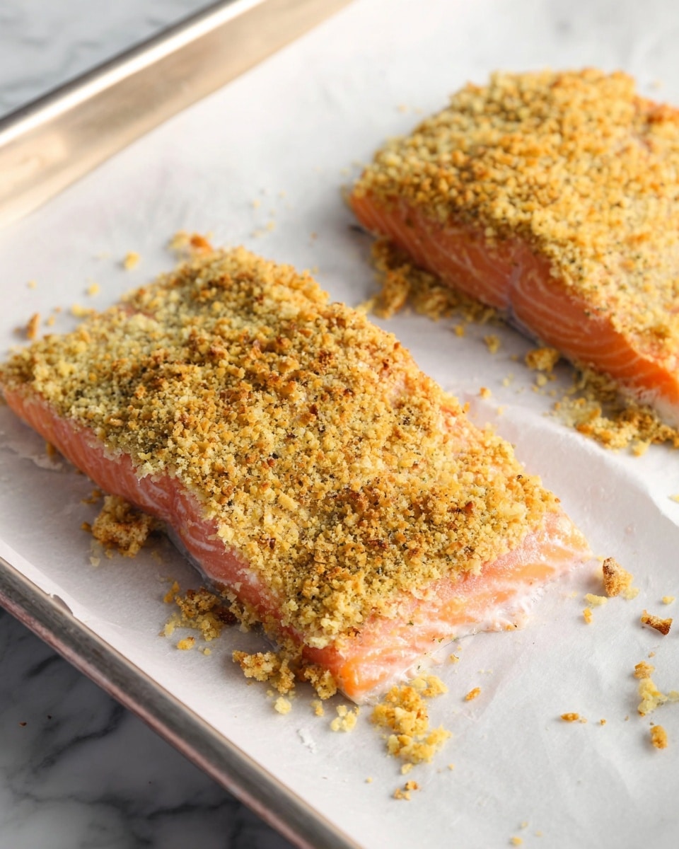 The image shows two pieces of salmon fillets on white parchment paper, placed on a silver baking tray with a white marbled surface visible around it. Each fillet has two layers: the bottom pink layer is the fresh salmon, soft and smooth, while the top layer is a thick, crumbly coating of golden brown breadcrumbs with a rough texture. Some breadcrumbs are scattered around the fillets on the parchment, adding texture to the scene. The lighting is bright and natural, highlighting the colors and the texture of the dish. photo taken with an iphone --ar 4:5 --v 7