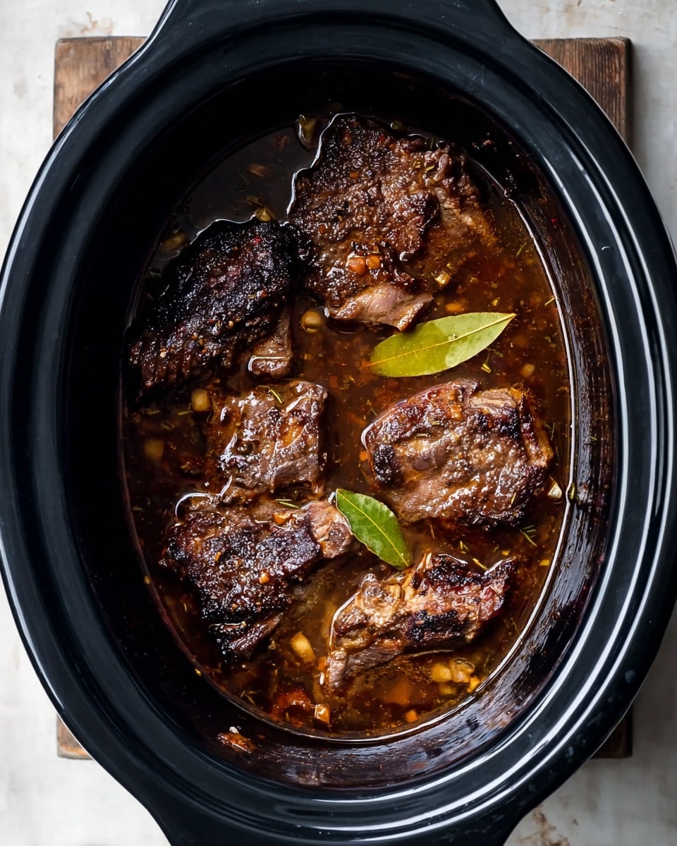 The image shows a slow cooker filled with several pieces of dark brown cooked meat that have a slightly charred texture on top. The meat is sitting in a rich, deep brown liquid broth with visible small chunks of vegetables and herbs, including some light green bay leaves floating on the surface. The inside of the slow cooker is black and contrasts with the dark stew-like contents. The photo is taken from above on a white marbled surface. photo taken with an iphone --ar 4:5 --v 7