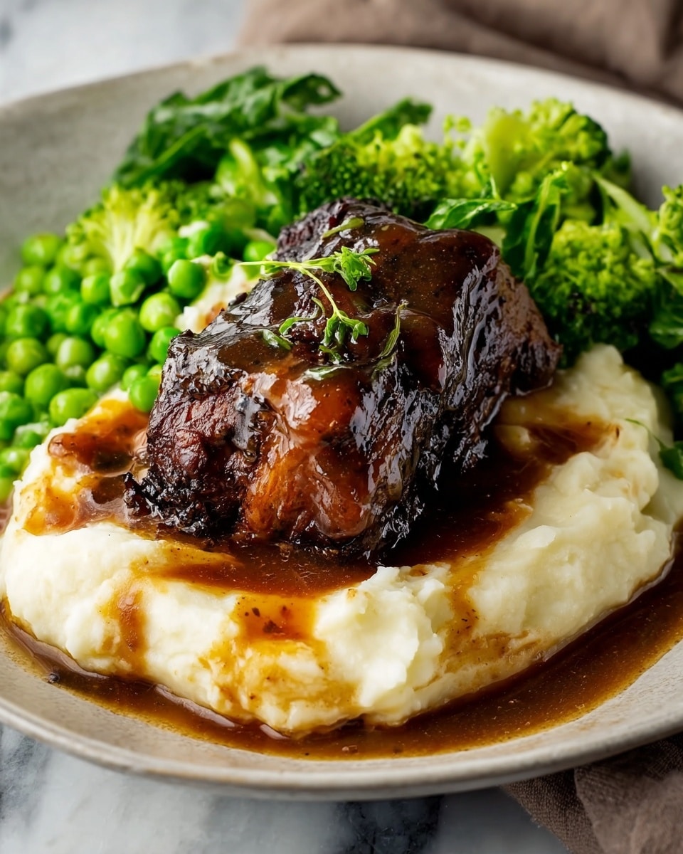 The dish shows a dark brown, thick piece of meat with a shiny sauce on top, placed on a bed of creamy white mashed potatoes with some brown gravy around it. Behind the meat and potatoes, there is a side of bright green peas mixed with light green leafy vegetables and dark green broccoli florets. Everything is served on a white plate placed on a white marbled surface. Photo taken with an iphone --ar 4:5 --v 7