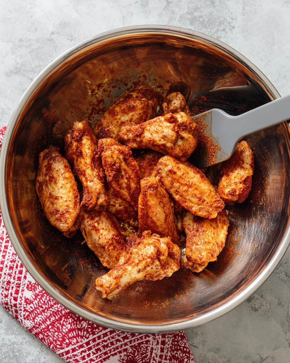 A shiny metal bowl holds multiple pale chicken wings spread out in one layer, each wing coated with a reddish spice mix giving a textured and slightly powdery look. A gray spatula rests inside the bowl, partially buried under the wings, angled slightly upward. The bowl sits on a white marbled surface with a red and white patterned towel peeking in from the bottom left corner. The photo is taken from above, showing all the wings clearly and evenly. Photo taken with an iphone --ar 4:5 --v 7