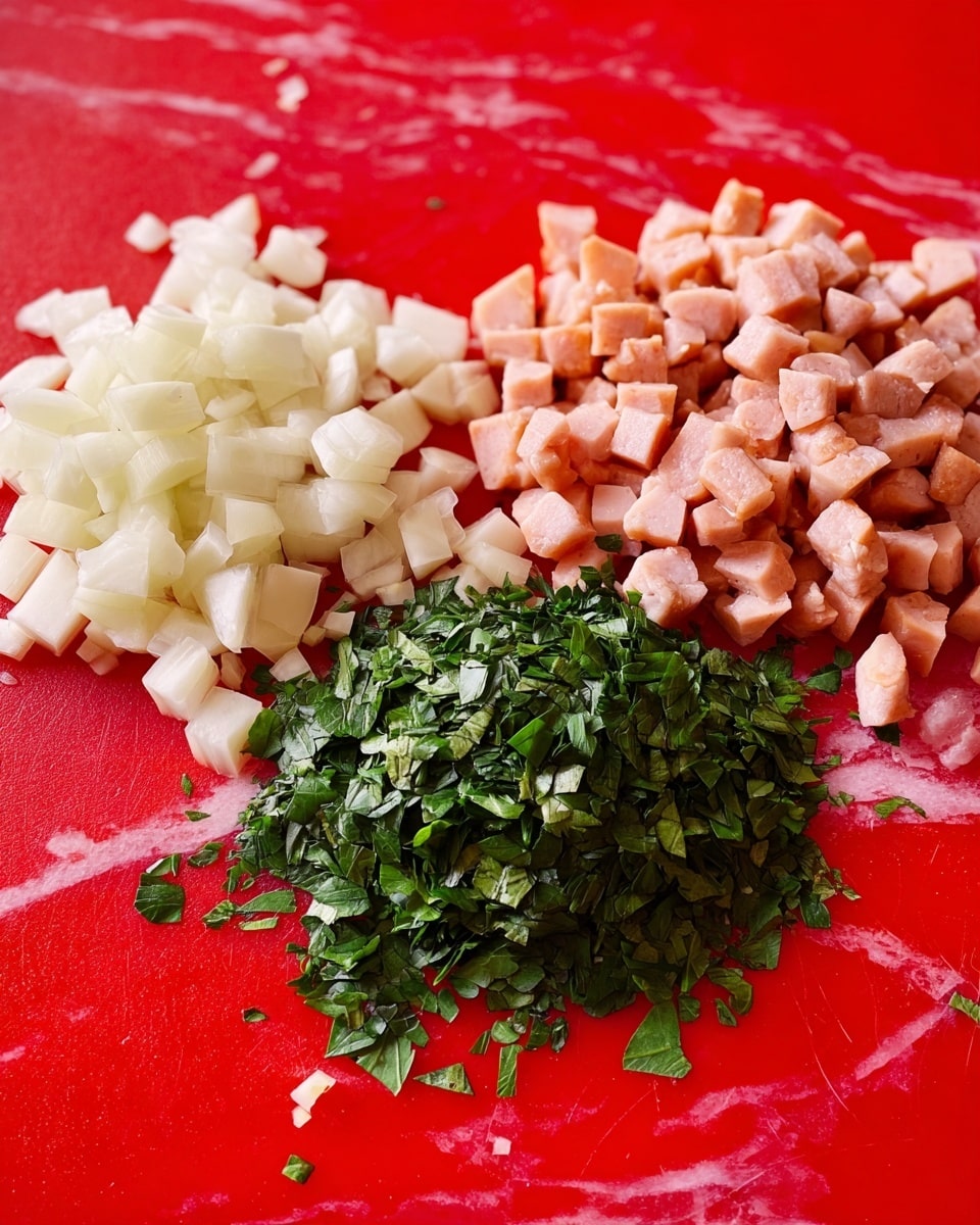 This image shows a close-up of three piles of chopped ingredients on a bright red cutting board with a white marbled surface in the background. The top left pile consists of small, white chopped pieces with a smooth texture. To the right, there is a heap of light pink, cubed pieces with a firm texture. Below both piles, there is a cluster of finely chopped dark green leafy herbs. The colors are bright and fresh, with clear separation between each ingredient. Photo taken with an iphone --ar 4:5 --v 7
