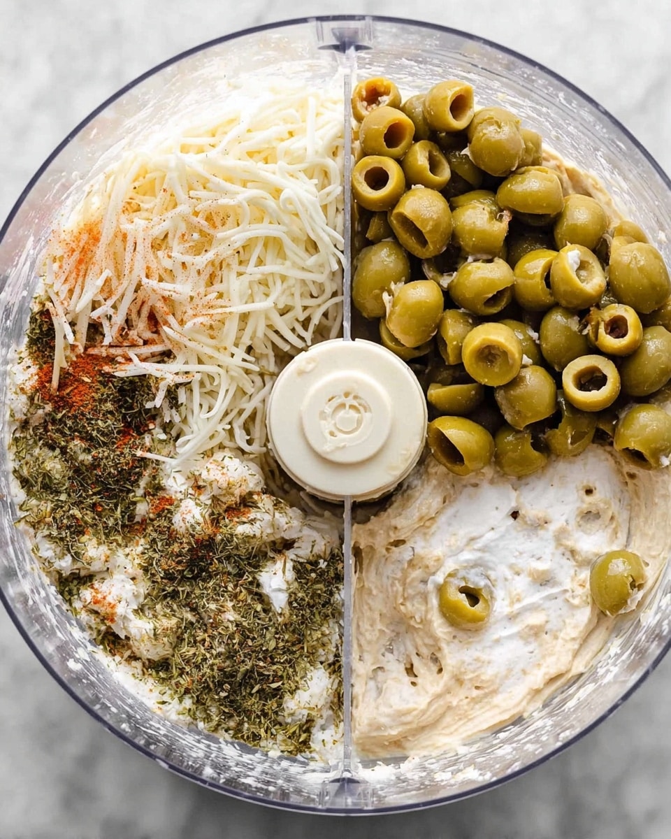 A clear round food processor bowl filled with many ingredients layered separately: green olives on the top right side, shredded white cheese on the bottom left side, white sour cream on the top left side, and scattered dried herbs and spices mixed around the cheese and sour cream areas, all sitting on a white marbled surface. The meal is then blended into a smooth, light tan dip with small specks of darker herbs all over, seen inside the same clear food processor bowl. Photo taken with an iphone --ar 4:5 --v 7