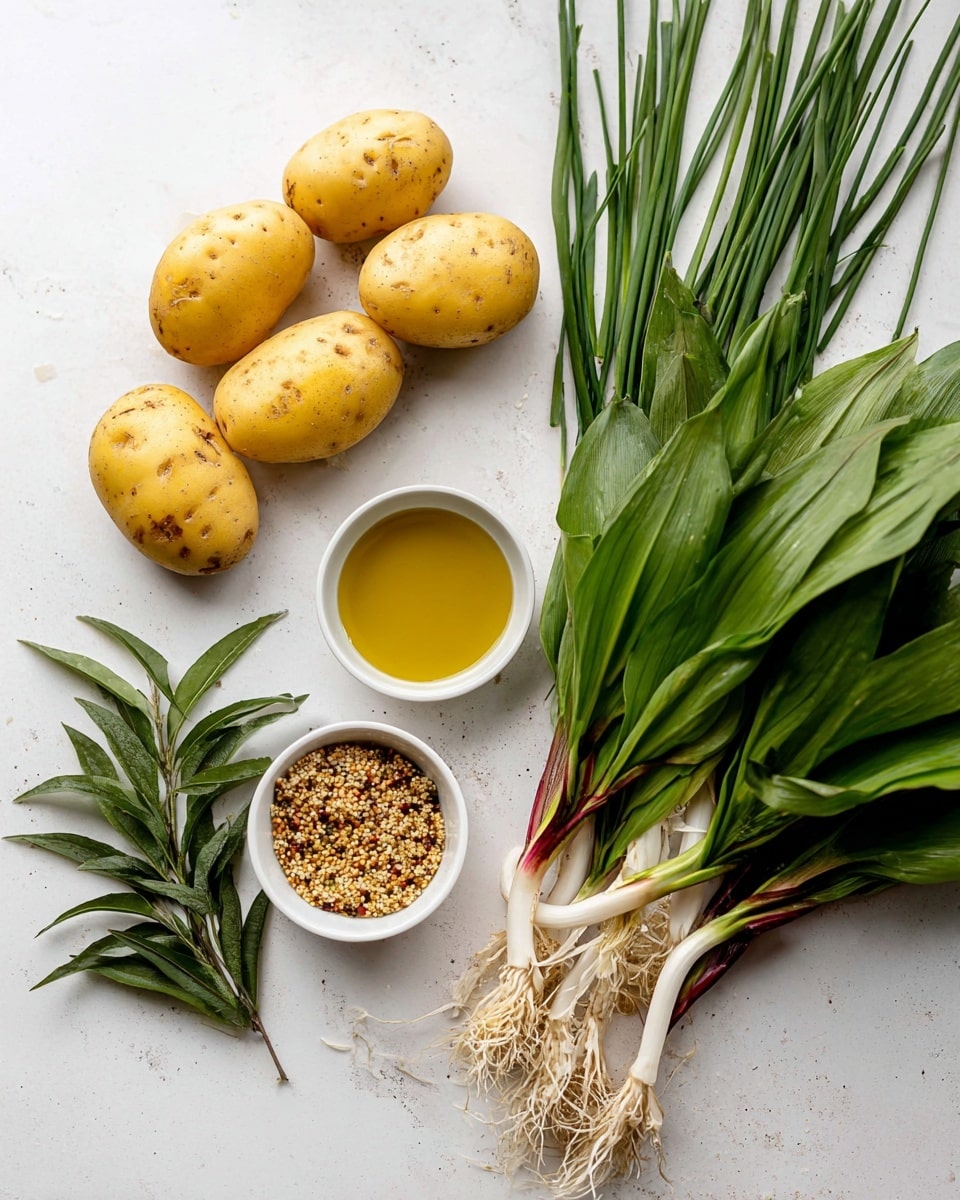 The image shows an arrangement of fresh ingredients on a white marbled surface. There are five whole yellow potatoes with smooth texture and some spots placed near the top center. To the right of the potatoes, there is a bunch of green chives with long, thin, and smooth stalks. Below the potatoes and chives, there is a cluster of wild garlic with large, deep green leaves and white bulb roots with visible thin strands. Below the garlic, two small white bowls are placed side by side; the left bowl contains a golden yellow liquid, likely oil, and the right bowl holds a grainy mustard with yellow and brown seeds visible. At the bottom left, a sprig of fresh tarragon with narrow, dark green leaves is laid flat. The overall setup is neat and visually clean with natural colors and textures. photo taken with an iphone --ar 4:5 --v 7