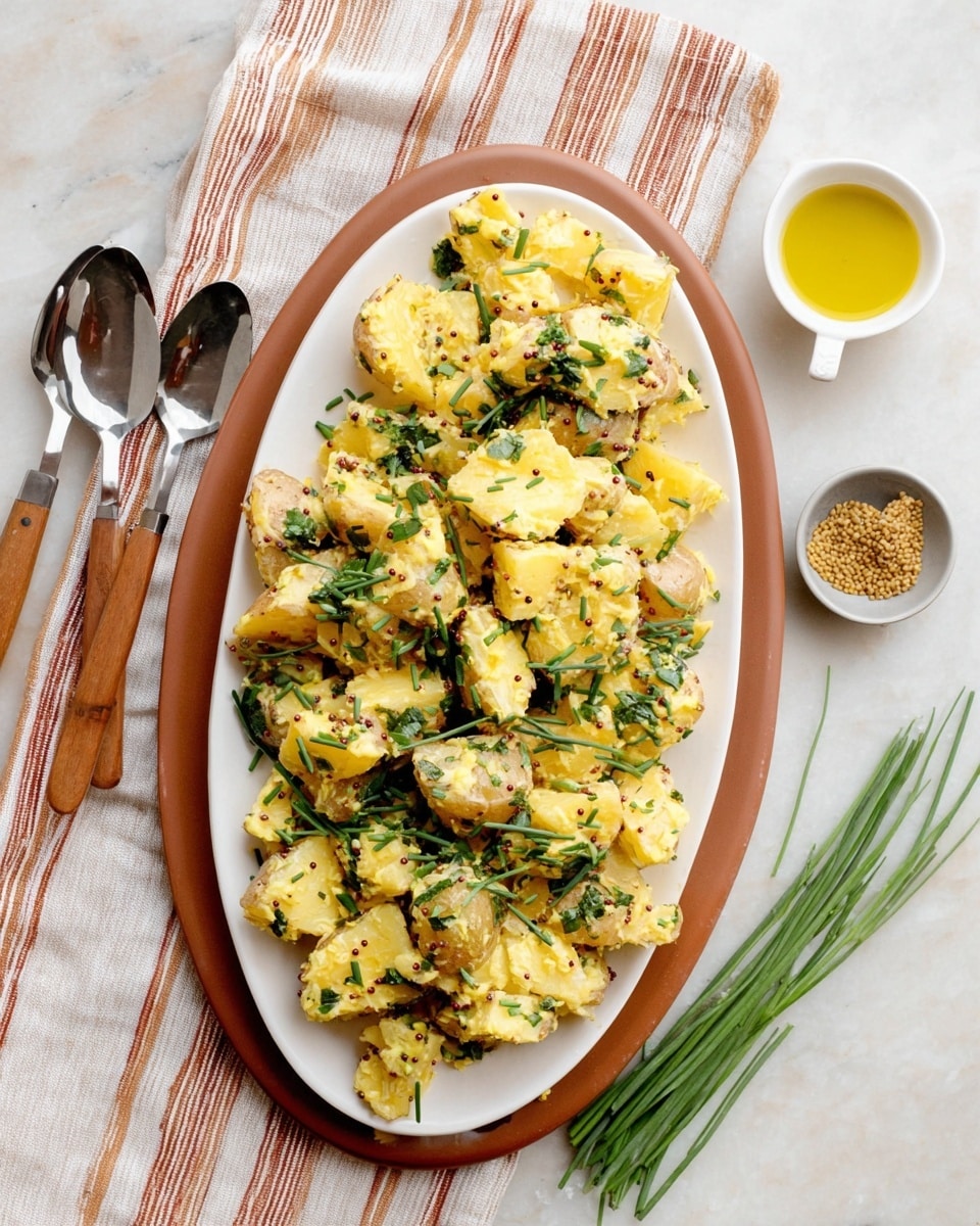 The image shows a white oval plate on a larger brown oval charger, filled with potato salad made of yellow potato chunks mixed with green leafy herbs and chives scattered on top. The potatoes have a slightly creamy texture with mustard seeds and herbs visible. Around the plate, there is a stripy brown and white cloth with two serving spoons on top to the left, a spoon with mustard seeds at the top right, and a small white bowl with yellow oil next to some green chive stems on a white marbled surface. Photo taken with an iphone --ar 4:5 --v 7