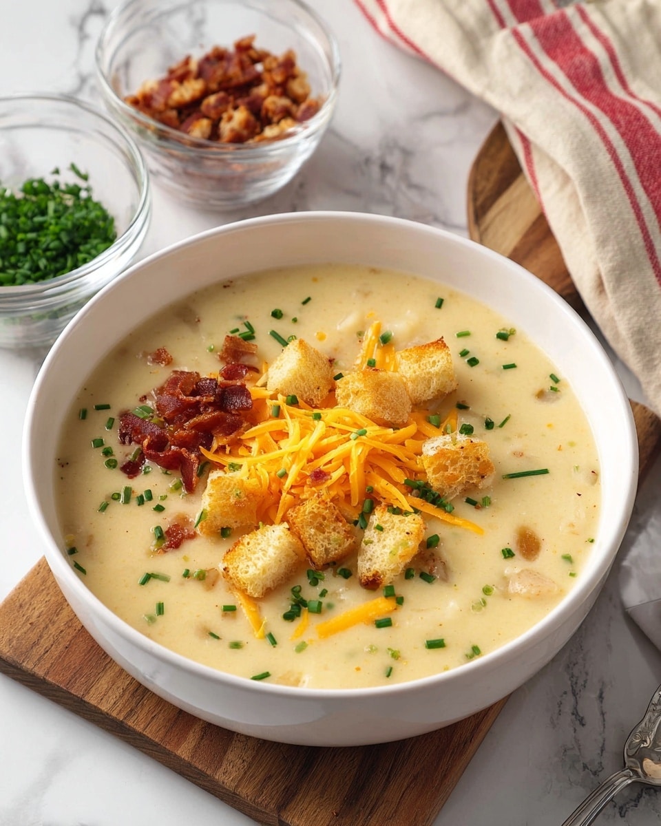 A white bowl filled with thick creamy soup, showing soft chunks of potato throughout its pale yellow base. The soup is topped with thin shredded orange cheddar cheese scattered on one side, small crispy pieces of browned bacon beside it, and golden brown croutons piled near the center. Bright green chopped chives are sprinkled over the entire surface. The bowl sits on a wooden board placed on a white marbled surface. In the background, two small clear glass bowls hold extra bacon bits and croutons. A beige cloth with red stripes rests near the top right corner. Photo taken with an iphone --ar 4:5 --v 7