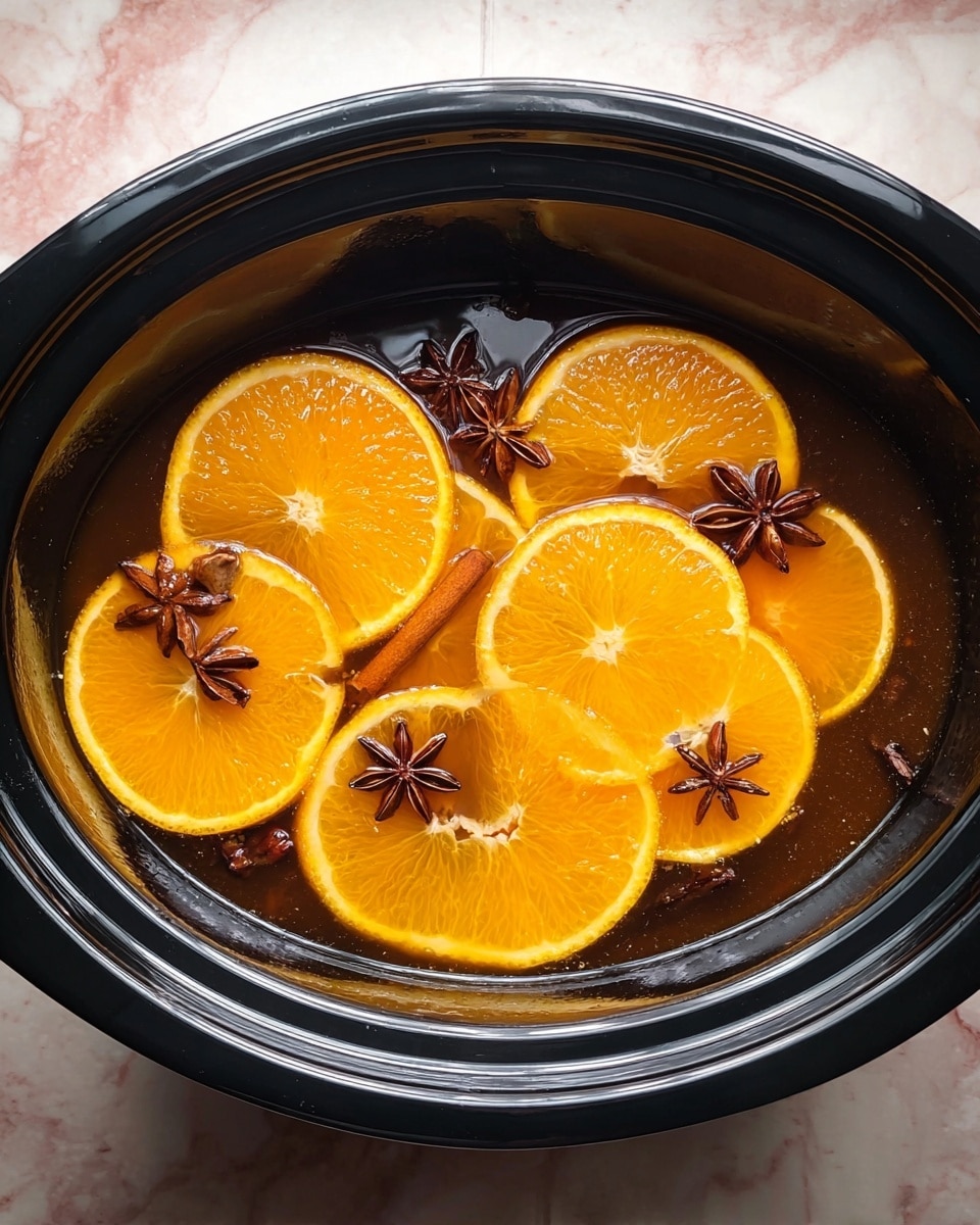 The images show a black slow cooker filled with a dark brown liquid and floating slices of bright orange fruit with a slightly translucent texture. The orange slices are spread evenly on the surface, some overlapping, with a few star anise spices, dark brown and star-shaped, scattered among the fruit pieces. The slow cooker sits on a white marbled surface with soft pink and grey veins visible. The round slow cooker has a glossy finish, and the liquid’s surface reflects light softly. photo taken with an iphone --ar 4:5 --v 7