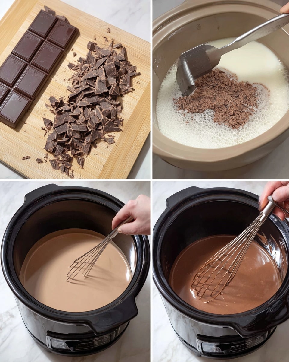 The image shows a four-step process for making a creamy chocolate mixture. The first part has two dark chocolate bars on a light wooden board with one being chopped into small uneven pieces by woman's hand holding a knife. The second part is a close-up of chopped chocolate pieces being added with a large metal scraper into a slow cooker bowl with a white creamy liquid inside. The third part shows a whisk stirring the now-melting chocolate and cream mix in the black slow cooker bowl, creating a smooth light brown mixture with some foam. The last part is a close view of the black slow cooker bowl with a thick, smooth, and glossy medium brown chocolate liquid inside. A white marbled surface is visible under the slow cooker in all close-ups. Photo taken with an iphone --ar 4:5 --v 7