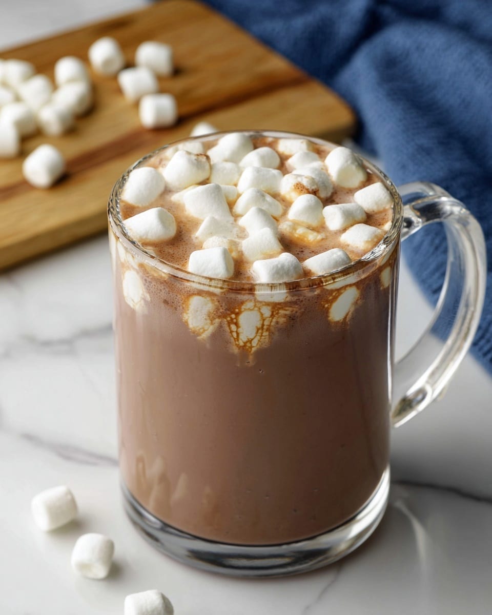 A clear glass mug filled with light brown hot chocolate, topped with a layer of white mini marshmallows some of which are partly melted and have a light golden brown tint, floating near the surface. The mug sits on a white marbled surface, with a few scattered mini marshmallows in the background on a wooden board and a blue cloth visible on the side. photo taken with an iphone --ar 4:5 --v 7