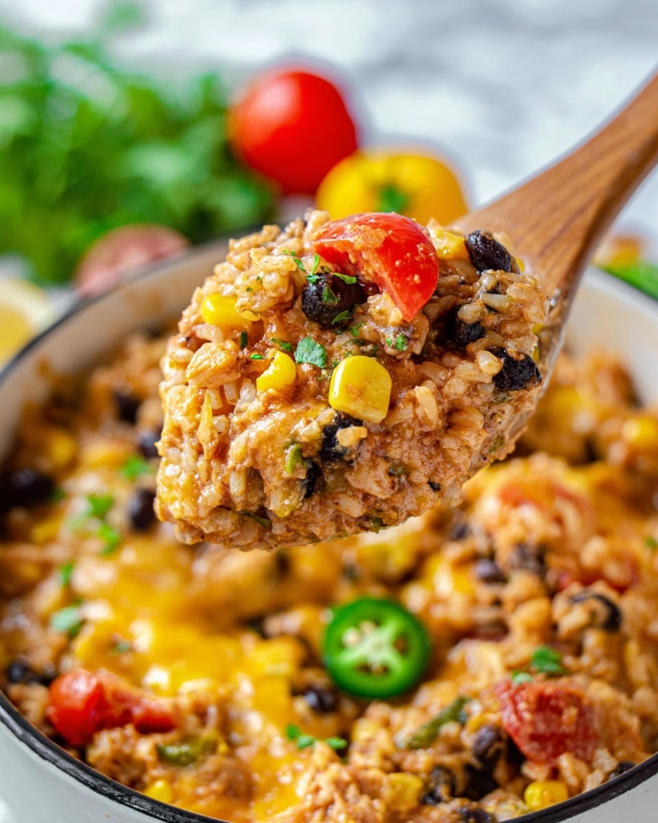 The image shows a close-up of a wooden spoon lifting a scoop of a mixed dish from a white bowl with a black rim. The dish has several layers blended together, including light brown cooked rice, yellow corn kernels, black beans, small red tomato pieces, and melted yellow cheese. Some green jalapeño slices and red cherry tomato halves are visible on top and around the bowl, adding color contrast. The background is a white marbled texture with blurred green herbs and other colorful elements slightly out of focus. The overall appearance is warm and hearty. photo taken with an iphone --ar 4:5 --v 7