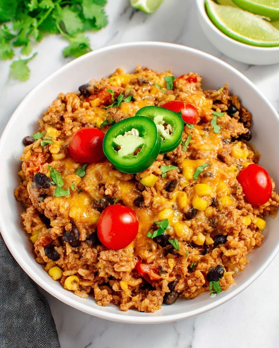 A white bowl filled with a warm mix of cooked rice, ground meat, black beans, yellow corn, and small pieces of tomato, all blended with melted light yellow cheese that adds a soft, slightly creamy texture. On top, there are two bright green slices of fresh jalapeño pepper placed near the center, with three bright red halved cherry tomatoes scattered around them. Small bits of fresh green cilantro leaves are sprinkled over and around the dish, adding a fresh touch. The bowl sits on a white marbled surface, with a small white bowl of lime wedges and green cilantro leaves blurred in the background. Photo taken with an iphone --ar 4:5 --v 7