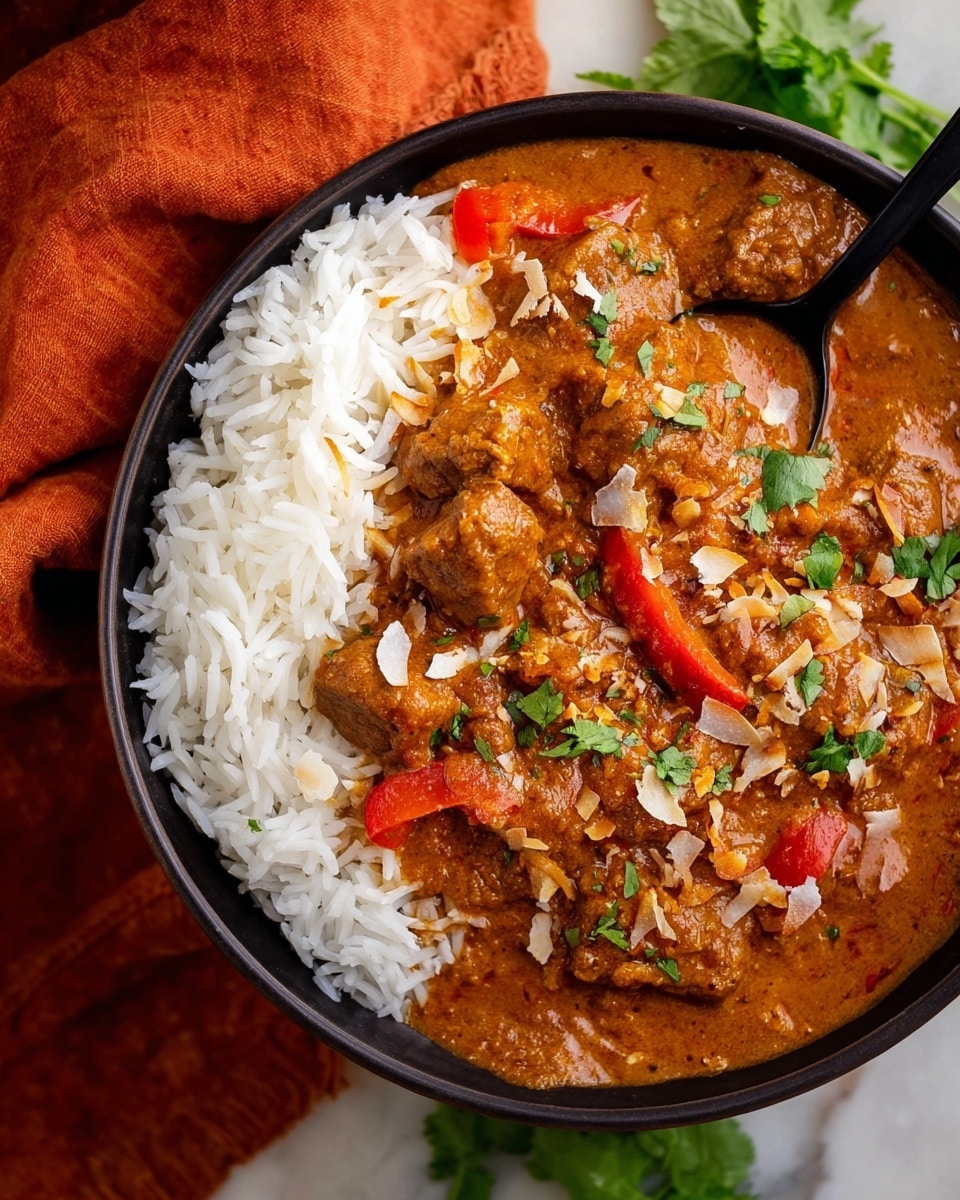 A close-up of a white bowl with two main layers: on the right is a portion of fluffy white rice, and on the left is a thick, rich brown-orange curry with chunks of meat and red bell pepper pieces. The curry is topped with light toasted coconut flakes and scattered fresh green parsley leaves. A black spoon rests in the bowl over the rice and curry. The bowl sits on a white marbled surface with an orange cloth and some fresh parsley in the background. Photo taken with an iphone --ar 4:5 --v 7