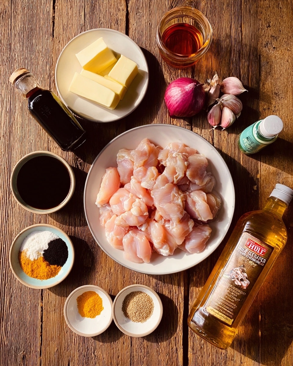 A white plate filled with raw light pink chicken pieces sits in the center on a rough wooden surface. To the left, there is a small white plate with two pale yellow butter slabs, a dark glass bottle of soy sauce, and a clear bottle of light green rice vinegar. Above the chicken plate is a small glass of amber liquid and five purple garlic cloves. To the right side of the chicken plate, a small white plate holds five piles of spices in white, black, yellow, and orange colors. Next to this are two bottles: a large, clear honey bottle with golden amber honey and a dark bottle of toasted sesame oil. The scene is arranged neatly with warm, natural lighting photo taken with an iphone --ar 4:5 --v 7