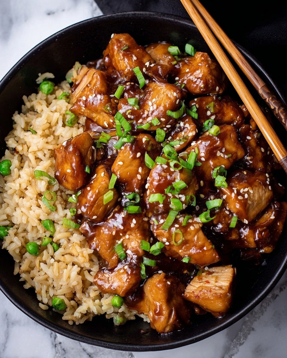 A black bowl filled with two main layers: the bottom layer is light brown fried rice with some green peas mixed in, showing a soft and slightly oily texture; on top, there are many pieces of shiny, brown glazed chicken with a smooth, wet surface, sprinkled with small white sesame seeds and bright green chopped scallions centered on the chicken. Light wooden chopsticks rest on the edge of the bowl. The bowl sits on a white marbled surface. photo taken with an iphone --ar 4:5 --v 7